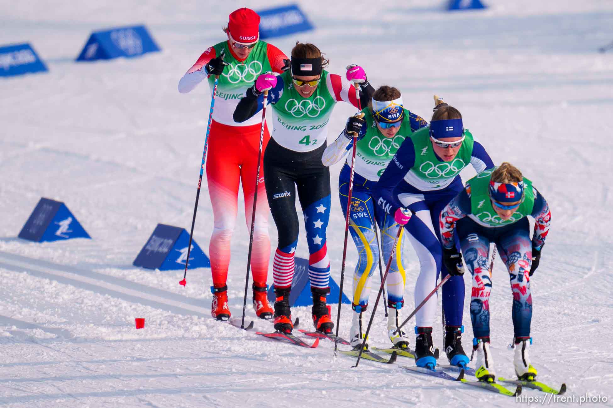 (Trent Nelson  |  The Salt Lake Tribune) Rosie Brennan (USA) competes in the 4 x 5km Relay, cross-country skiing at the 2022 Beijing Winter Olympics in Zhangjiakou on Saturday, Feb. 12, 2022.