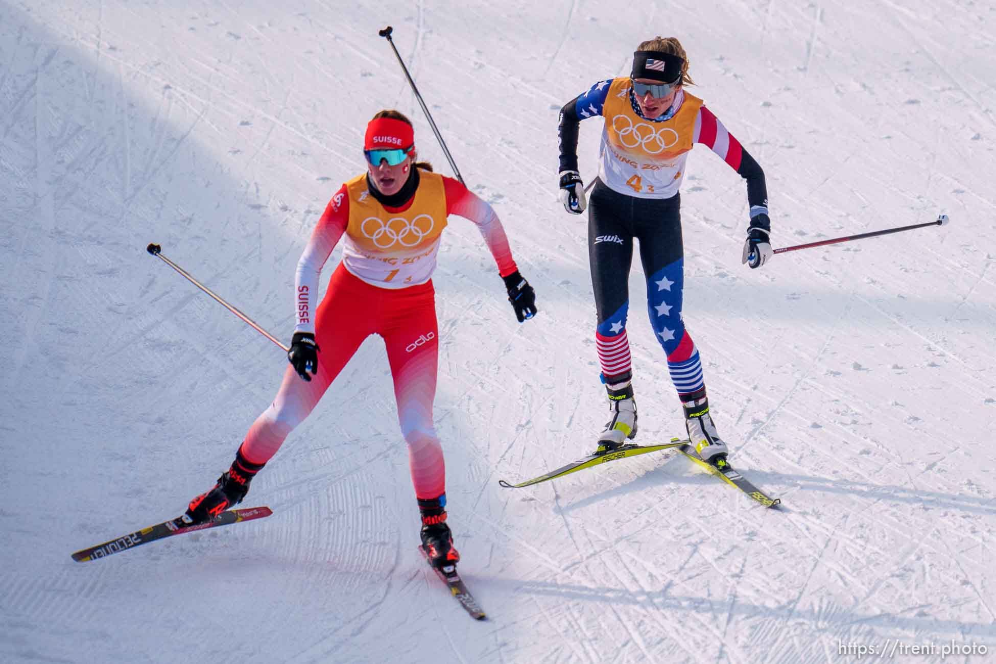 (Trent Nelson  |  The Salt Lake Tribune) Novie McCabe (USA) competes in the 4 x 5km Relay, cross-country skiing at the 2022 Beijing Winter Olympics in Zhangjiakou on Saturday, Feb. 12, 2022. At left is Nadja Kaelin (Switzerland).