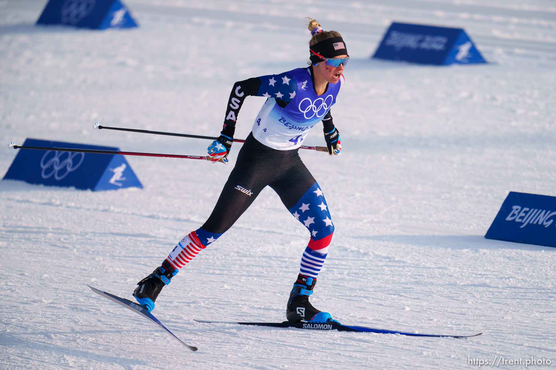 (Trent Nelson  |  The Salt Lake Tribune) Jessie Diggins (USA) competes in the 4 x 5km Relay, cross-country skiing at the 2022 Beijing Winter Olympics in Zhangjiakou on Saturday, Feb. 12, 2022.