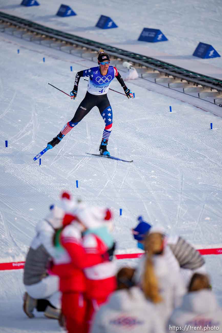 (Trent Nelson  |  The Salt Lake Tribune) Jessie Diggins (USA) competes in the 4 x 5km Relay, cross-country skiing at the 2022 Beijing Winter Olympics in Zhangjiakou on Saturday, Feb. 12, 2022.