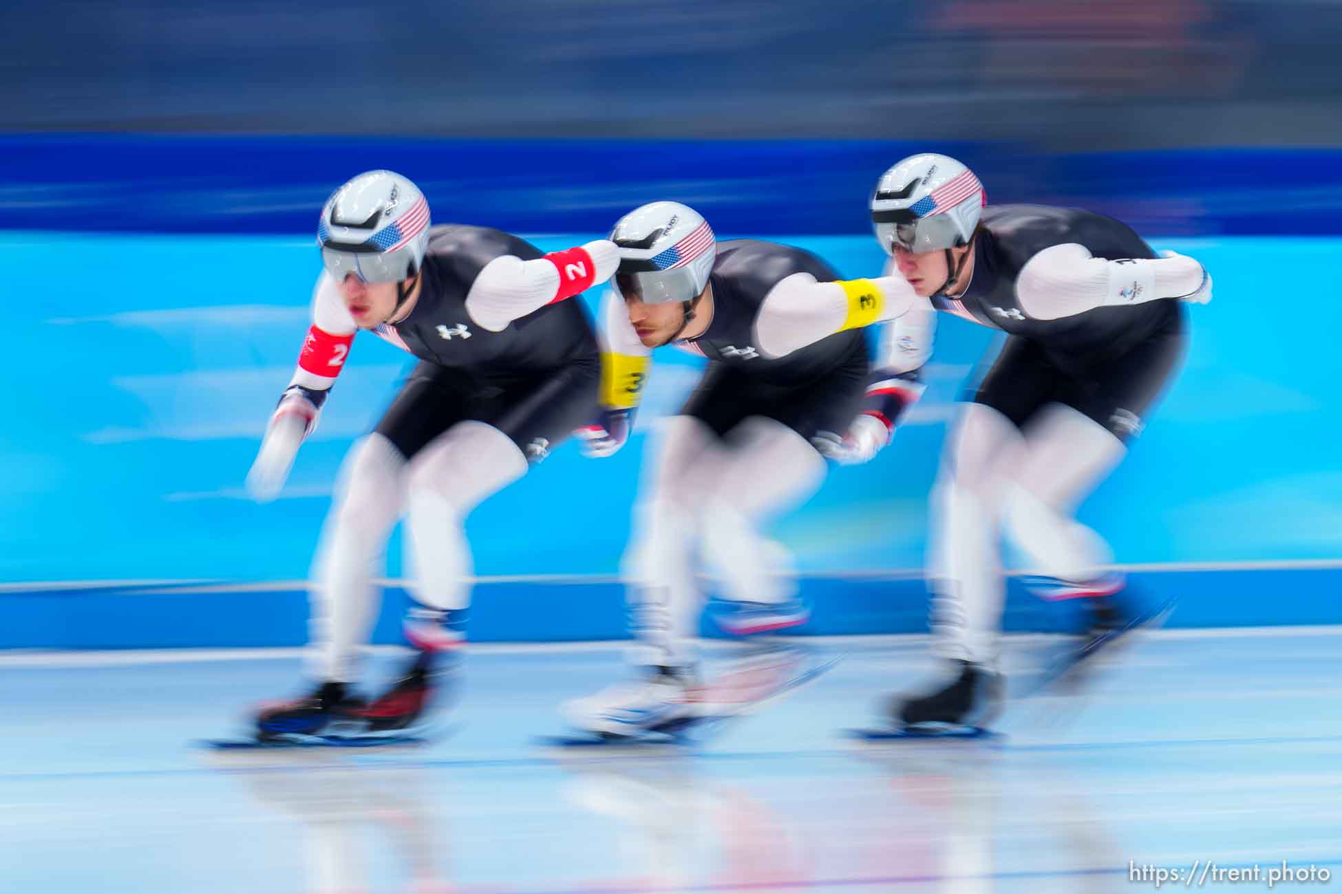 (Trent Nelson  |  The Salt Lake Tribune) Ethan Cepuran (1), Casey Dawson (2), and Emery Lehman (3) compete in the men's team pursuit quarterfinals, speed skating at the 2022 Winter Olympics in Beijing on Sunday, Feb. 13, 2022.