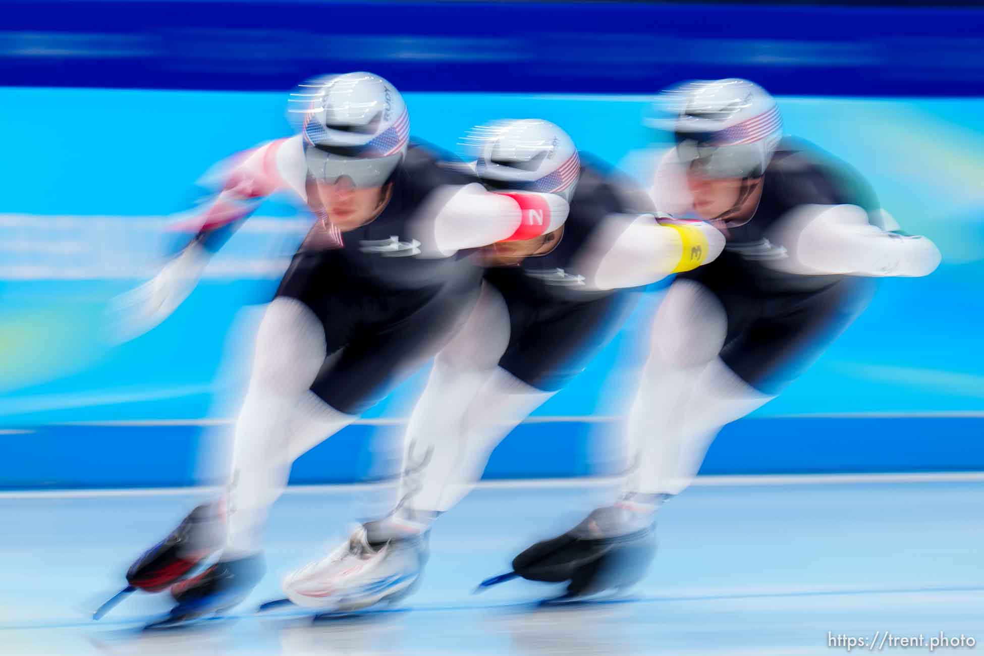 (Trent Nelson  |  The Salt Lake Tribune) Ethan Cepuran (1), Casey Dawson (2), and Emery Lehman (3) compete in the men's team pursuit quarterfinals, speed skating at the 2022 Winter Olympics in Beijing on Sunday, Feb. 13, 2022.