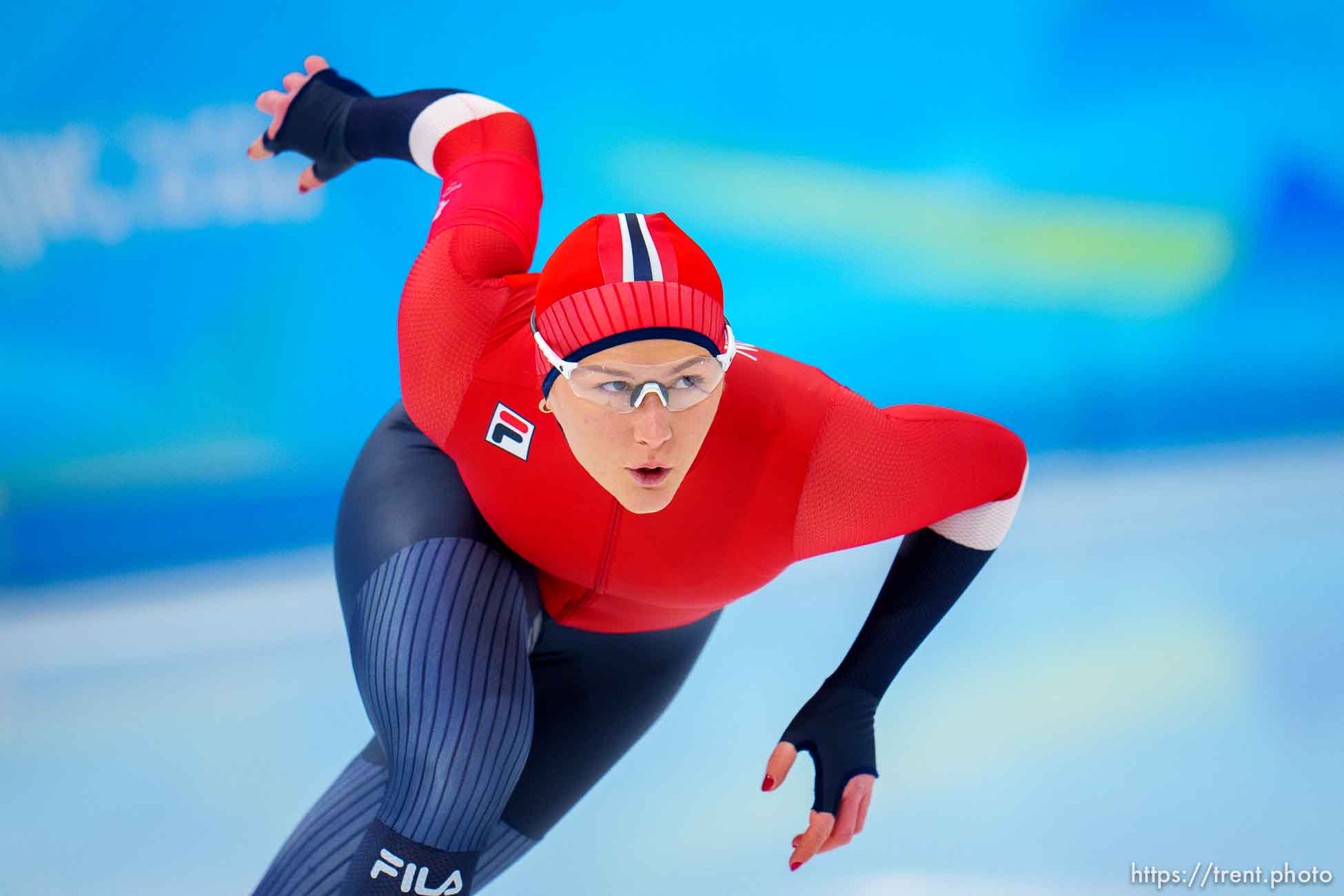 (Trent Nelson  |  The Salt Lake Tribune) 
Julie Nistad Samsonsen (NOR) competes in the women's 500m, speed skating at the 2022 Winter Olympics in Beijing on Sunday, Feb. 13, 2022.