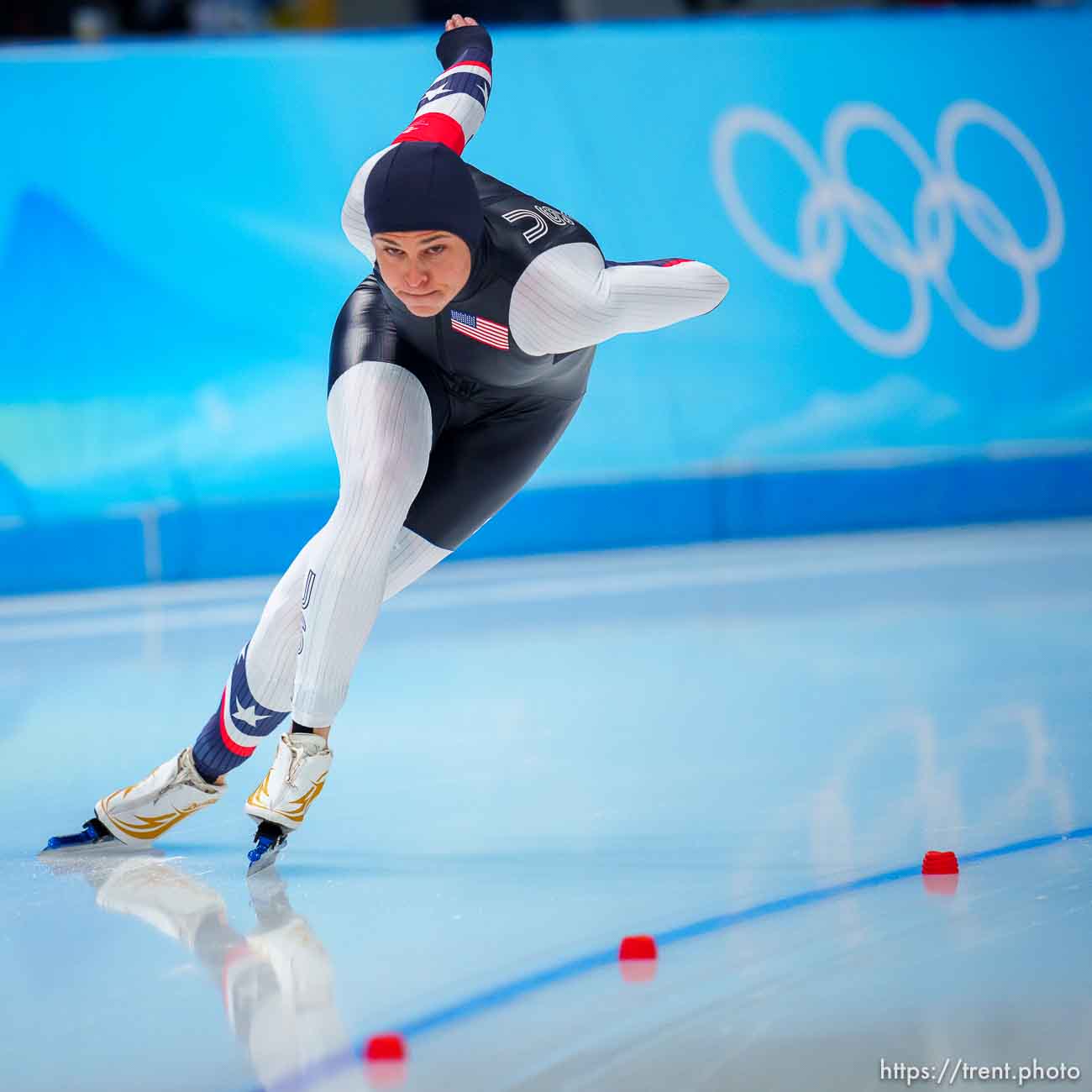 (Trent Nelson  |  The Salt Lake Tribune) Brittany Bowe (USA) competes in the women's 500m, speed skating at the 2022 Winter Olympics in Beijing on Sunday, Feb. 13, 2022.