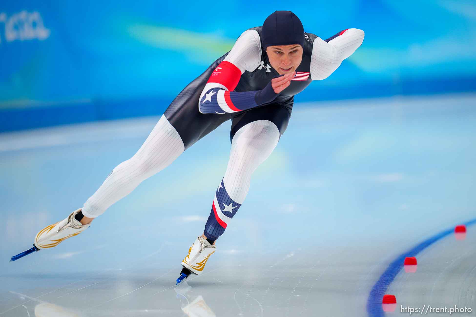 (Trent Nelson  |  The Salt Lake Tribune) Brittany Bowe (USA) competes in the women's 500m, speed skating at the 2022 Winter Olympics in Beijing on Sunday, Feb. 13, 2022.