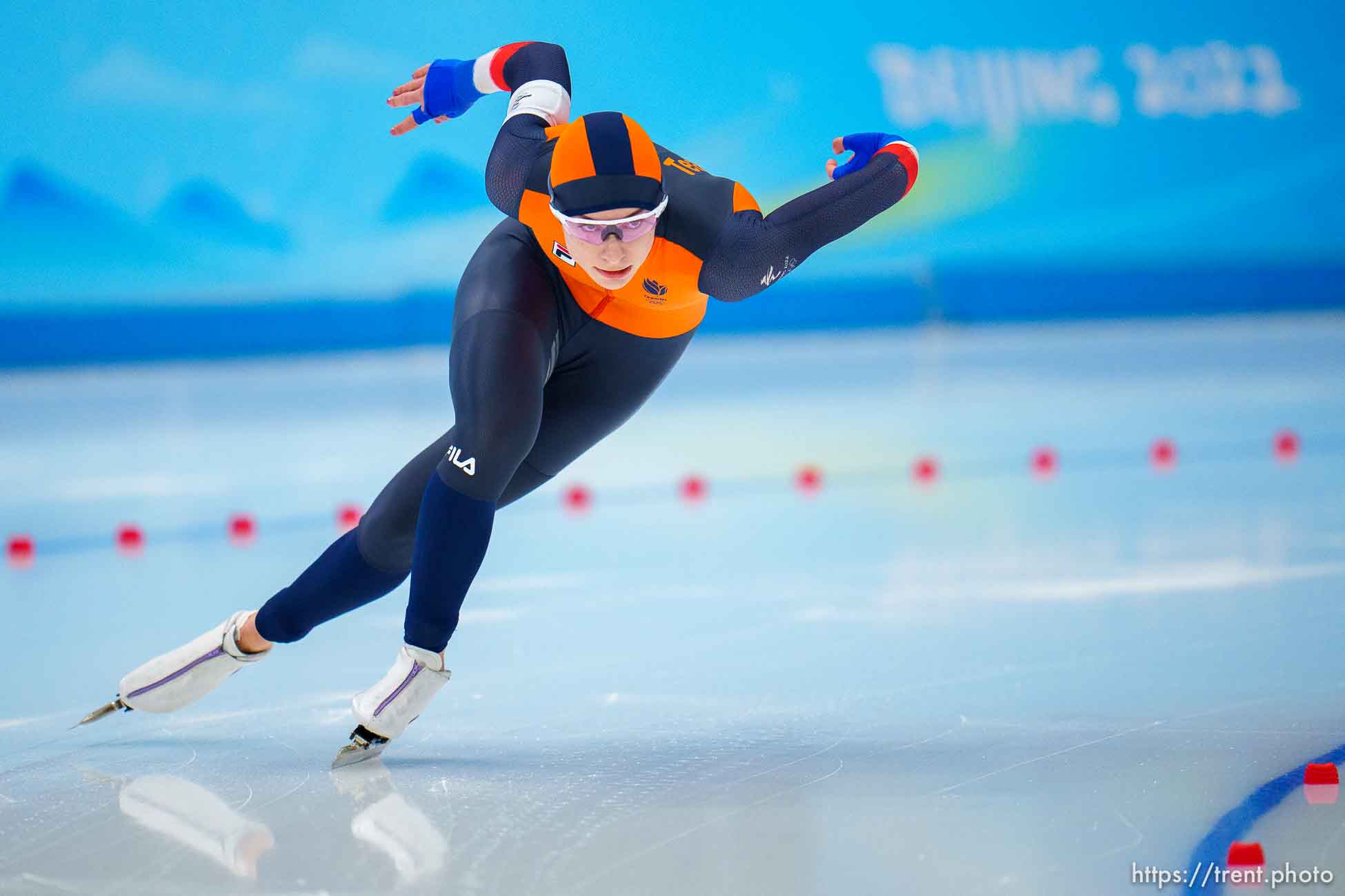 (Trent Nelson  |  The Salt Lake Tribune) 
Femke Kok (NED) competes in the women's 500m, speed skating at the 2022 Winter Olympics in Beijing on Sunday, Feb. 13, 2022.