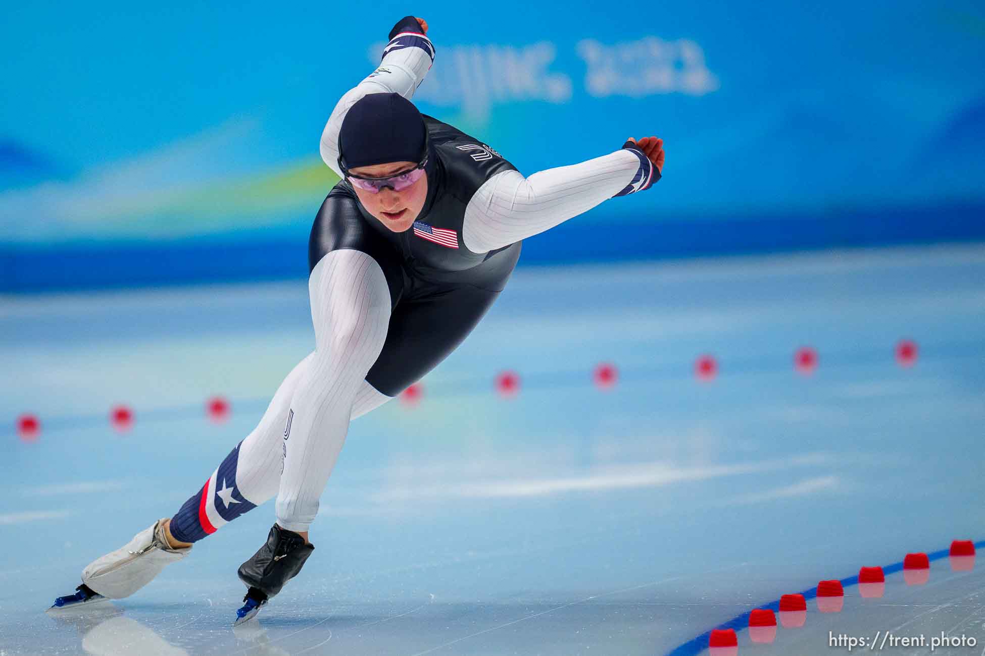 (Trent Nelson  |  The Salt Lake Tribune) Kimi Goetz (USA) competes in the women's 500m, speed skating at the 2022 Winter Olympics in Beijing on Sunday, Feb. 13, 2022.