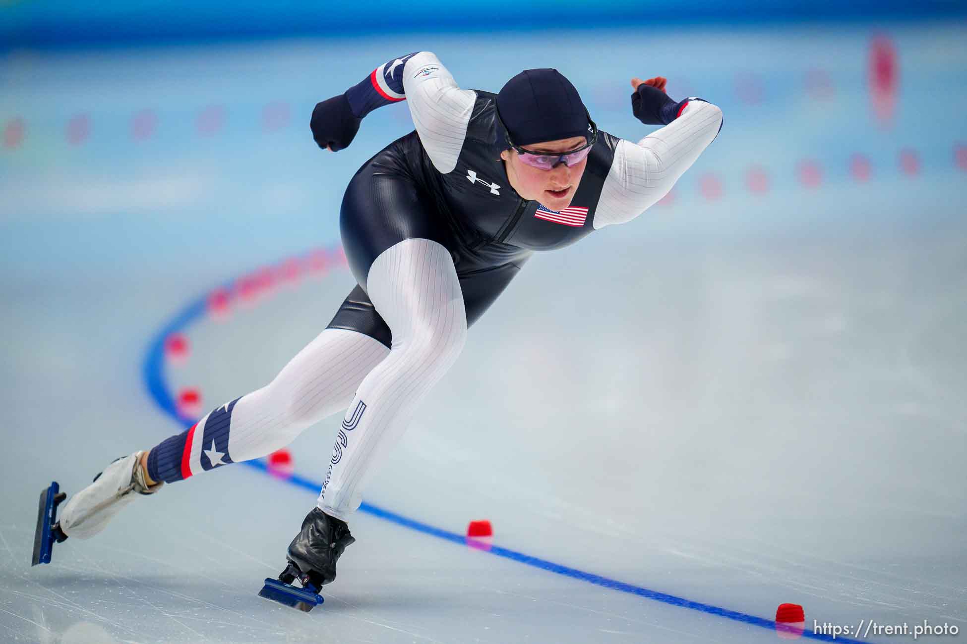 (Trent Nelson  |  The Salt Lake Tribune) Kimi Goetz (USA) competes in the women's 500m, speed skating at the 2022 Winter Olympics in Beijing on Sunday, Feb. 13, 2022.