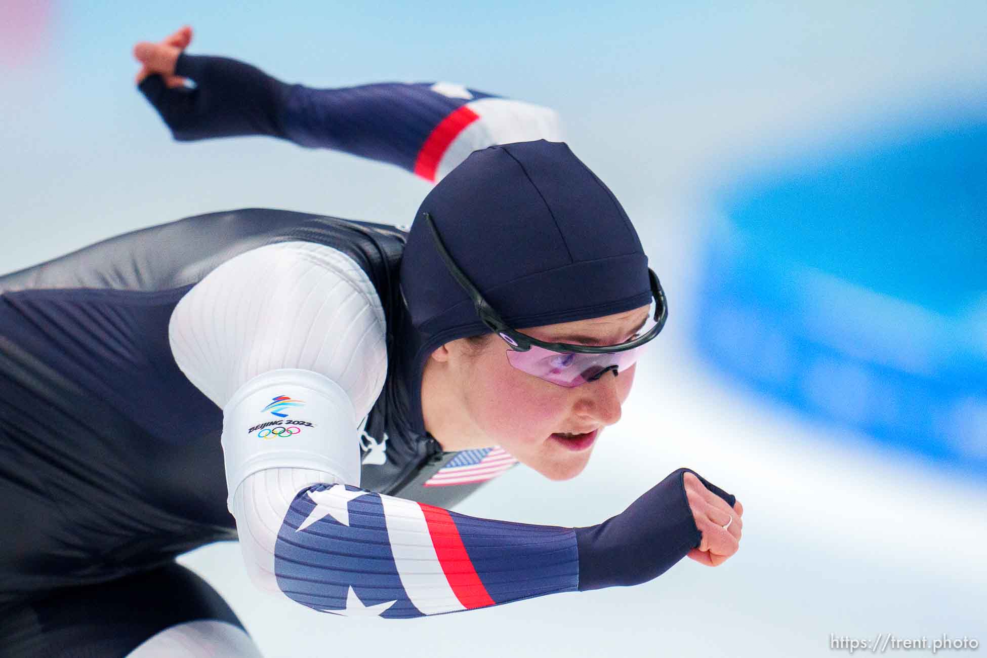 (Trent Nelson  |  The Salt Lake Tribune) Kimi Goetz (USA) competes in the women's 500m, speed skating at the 2022 Winter Olympics in Beijing on Sunday, Feb. 13, 2022.