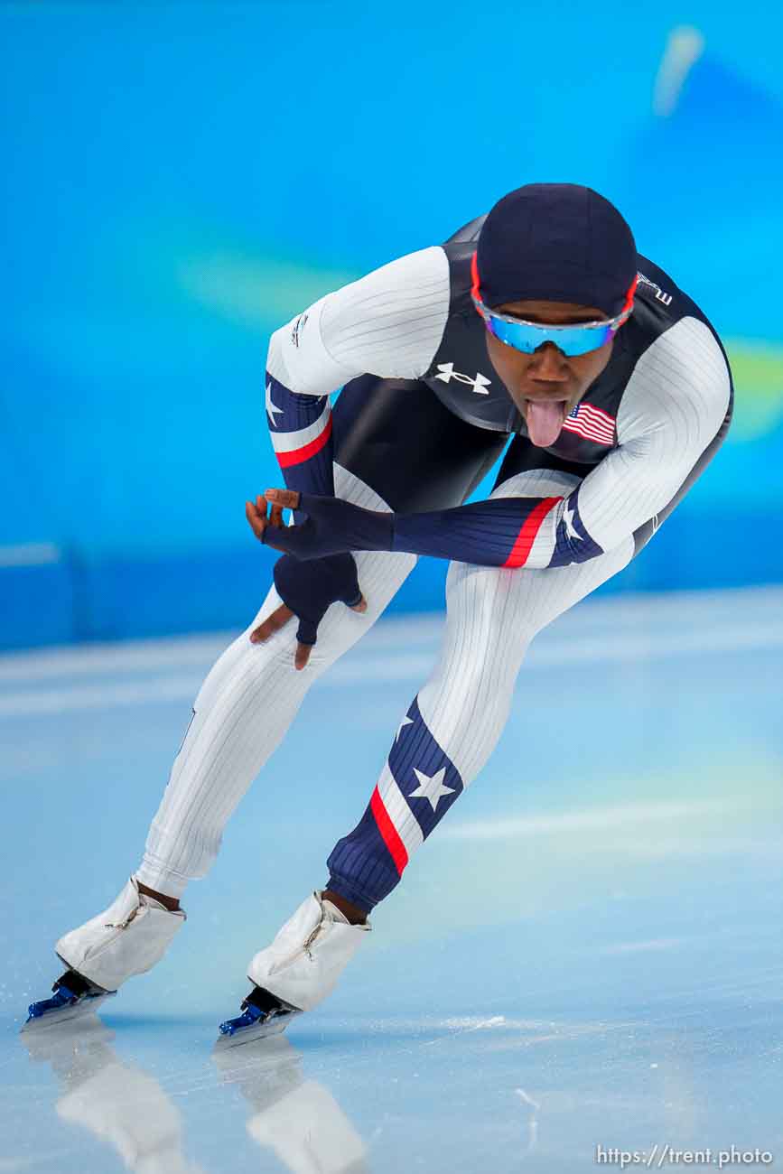 (Trent Nelson  |  The Salt Lake Tribune) Erin Jackson (USA) wins the gold medal in the women's 500m, speed skating at the 2022 Winter Olympics in Beijing on Sunday, Feb. 13, 2022.