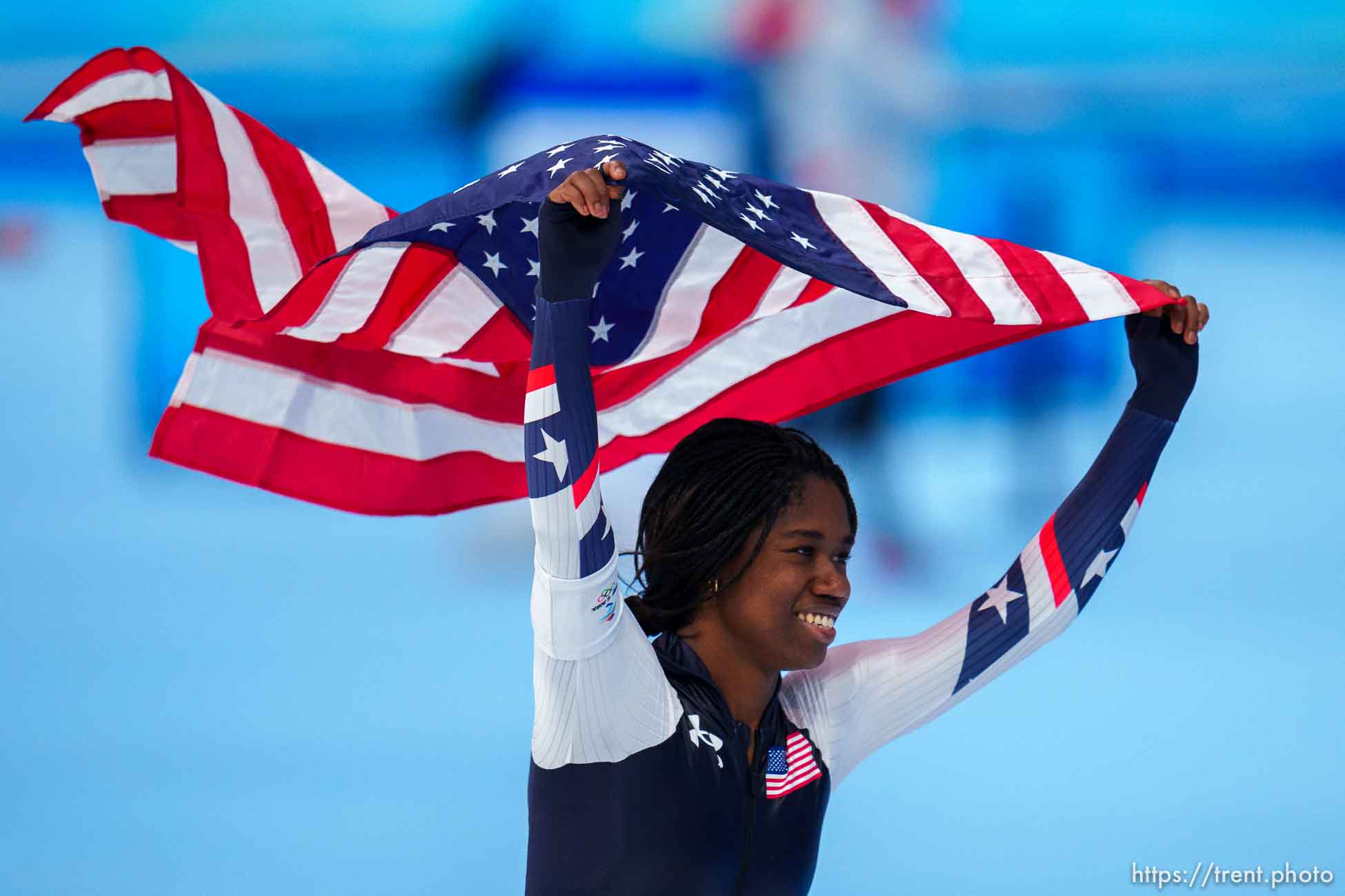 (Trent Nelson  |  The Salt Lake Tribune) Erin Jackson (USA) wins the gold medal in the women's 500m, speed skating at the 2022 Winter Olympics in Beijing on Sunday, Feb. 13, 2022.