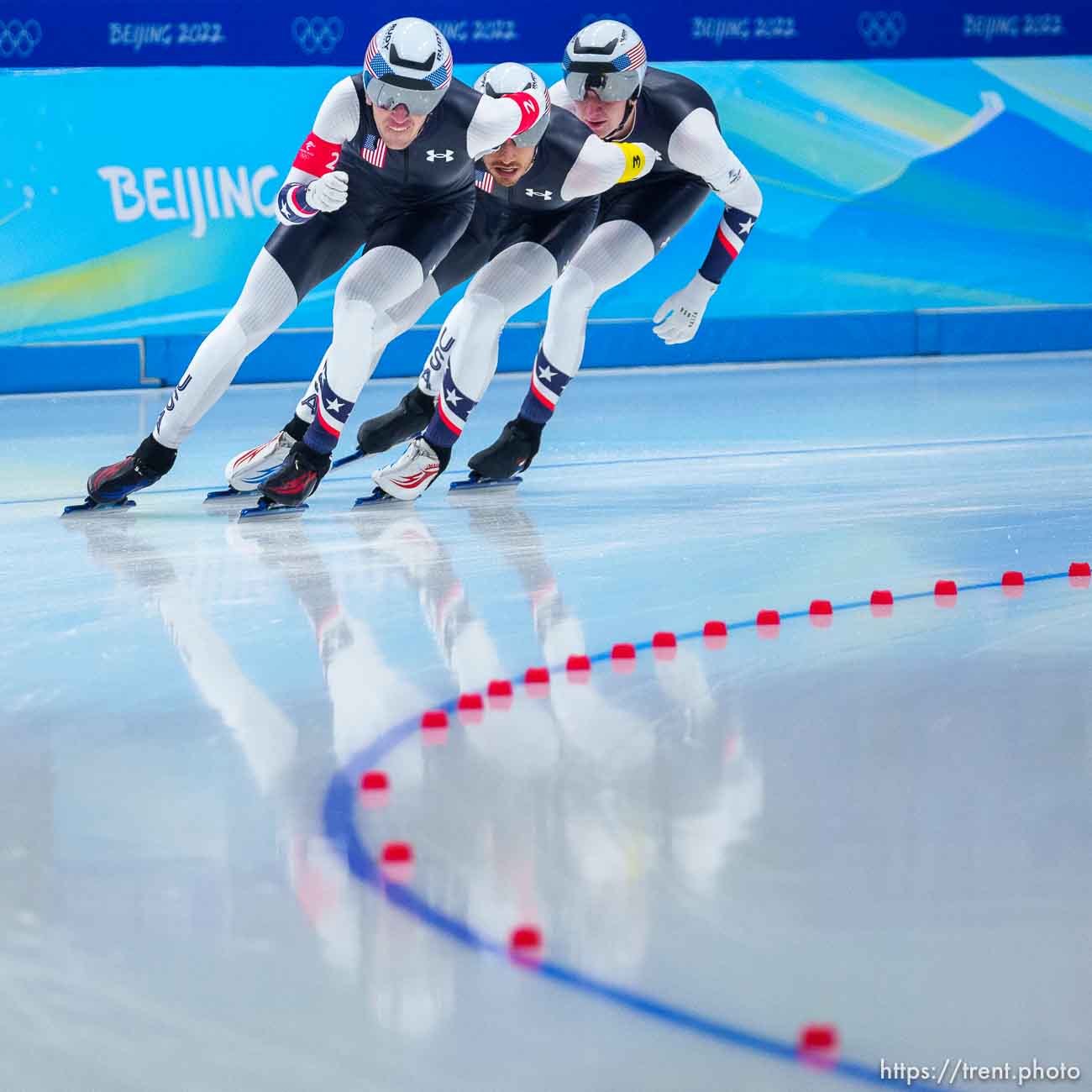 (Trent Nelson  |  The Salt Lake Tribune) Ethan Cepuran (1), Casey Dawson (2), and Emery Lehman (3) compete in the men's team pursuit quarterfinals, speed skating at the 2022 Winter Olympics in Beijing on Sunday, Feb. 13, 2022.