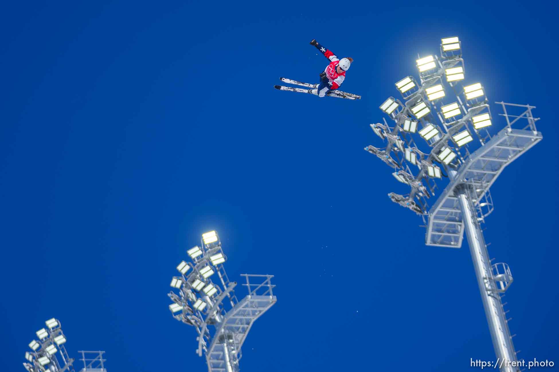 (Trent Nelson  |  The Salt Lake Tribune) Ashley Caldwell (USA) warms up for in women's aerials at the 2022 Beijing Winter Olympics in Zhangjiakou on Monday, Feb. 14, 2022.