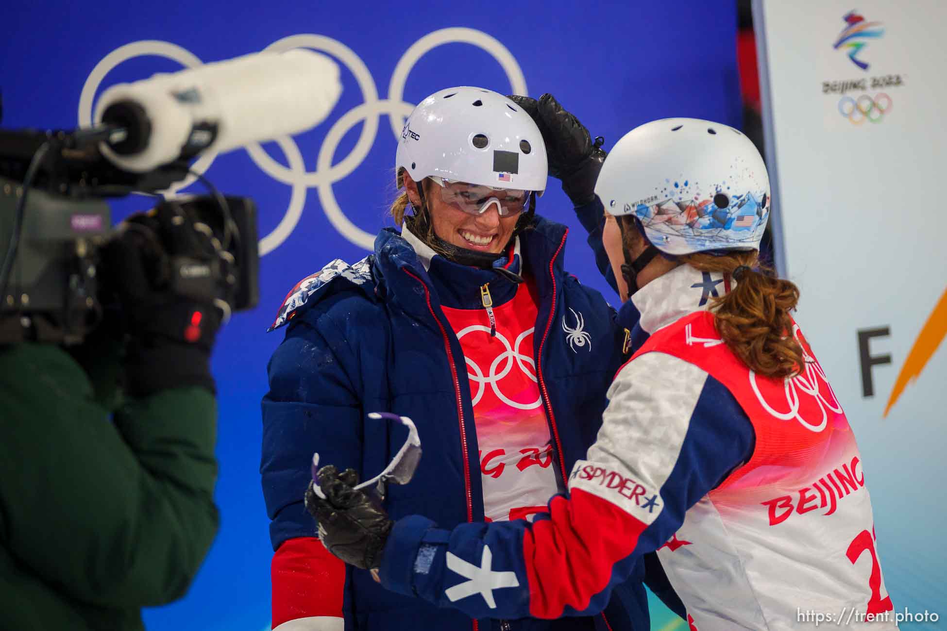 (Trent Nelson  |  The Salt Lake Tribune) Bronze medalist Megan Nick (USA) and Ashley Caldwell (USA) celebrate at women's aerials at the 2022 Beijing Winter Olympics in Zhangjiakou on Monday, Feb. 14, 2022.