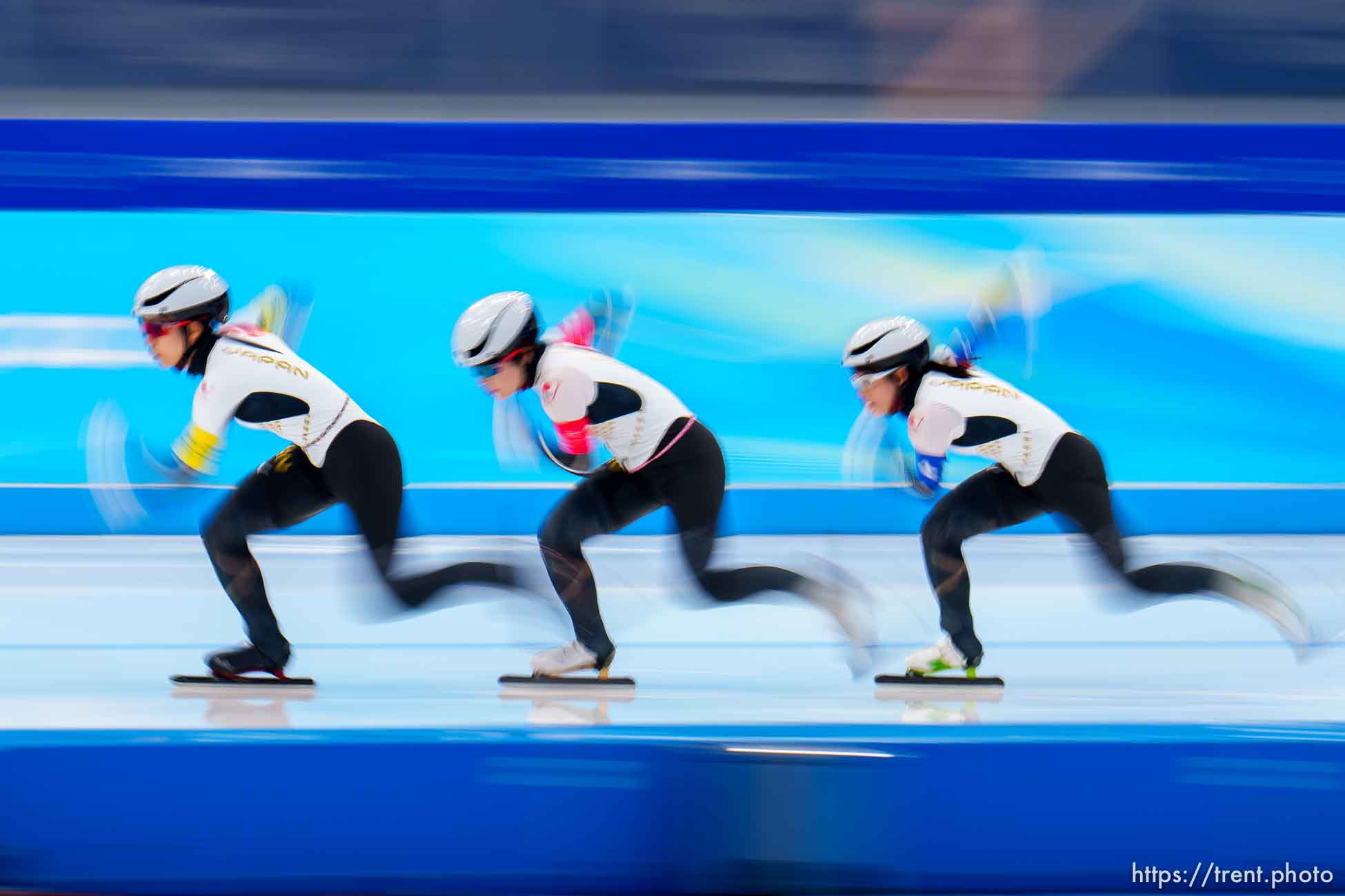 (Trent Nelson  |  The Salt Lake Tribune) Japan, semifinals in team pursuit at the 2022 Winter Olympics in Beijing on Tuesday, Feb. 15, 2022. 1 - Misaki Oshigiri, 2 - Ayano Sato, 3 - Miho Takagi.