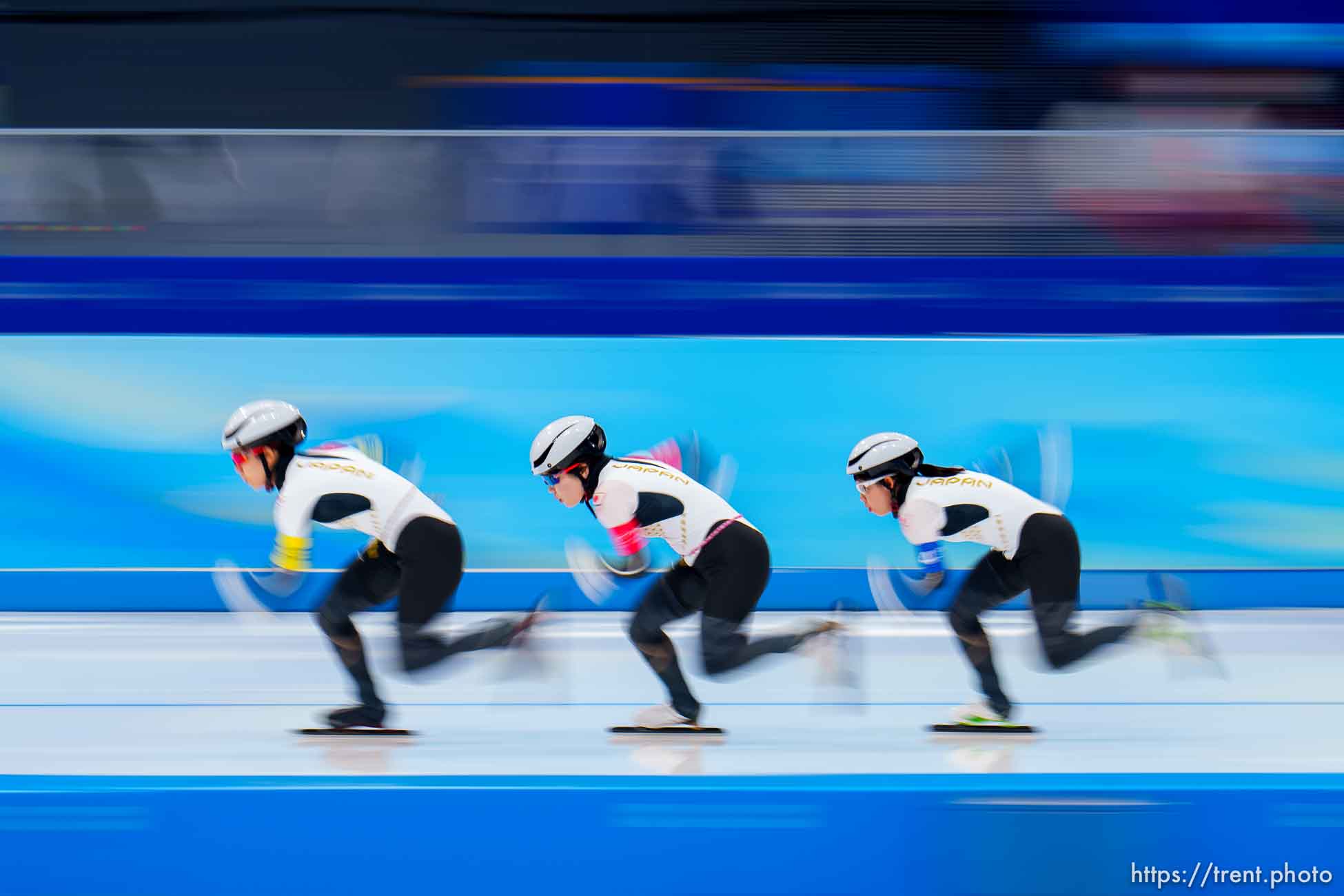 (Trent Nelson  |  The Salt Lake Tribune) Japan, semifinals in team pursuit at the 2022 Winter Olympics in Beijing on Tuesday, Feb. 15, 2022. 1 - Misaki Oshigiri, 2 - Ayano Sato, 3 - Miho Takagi.