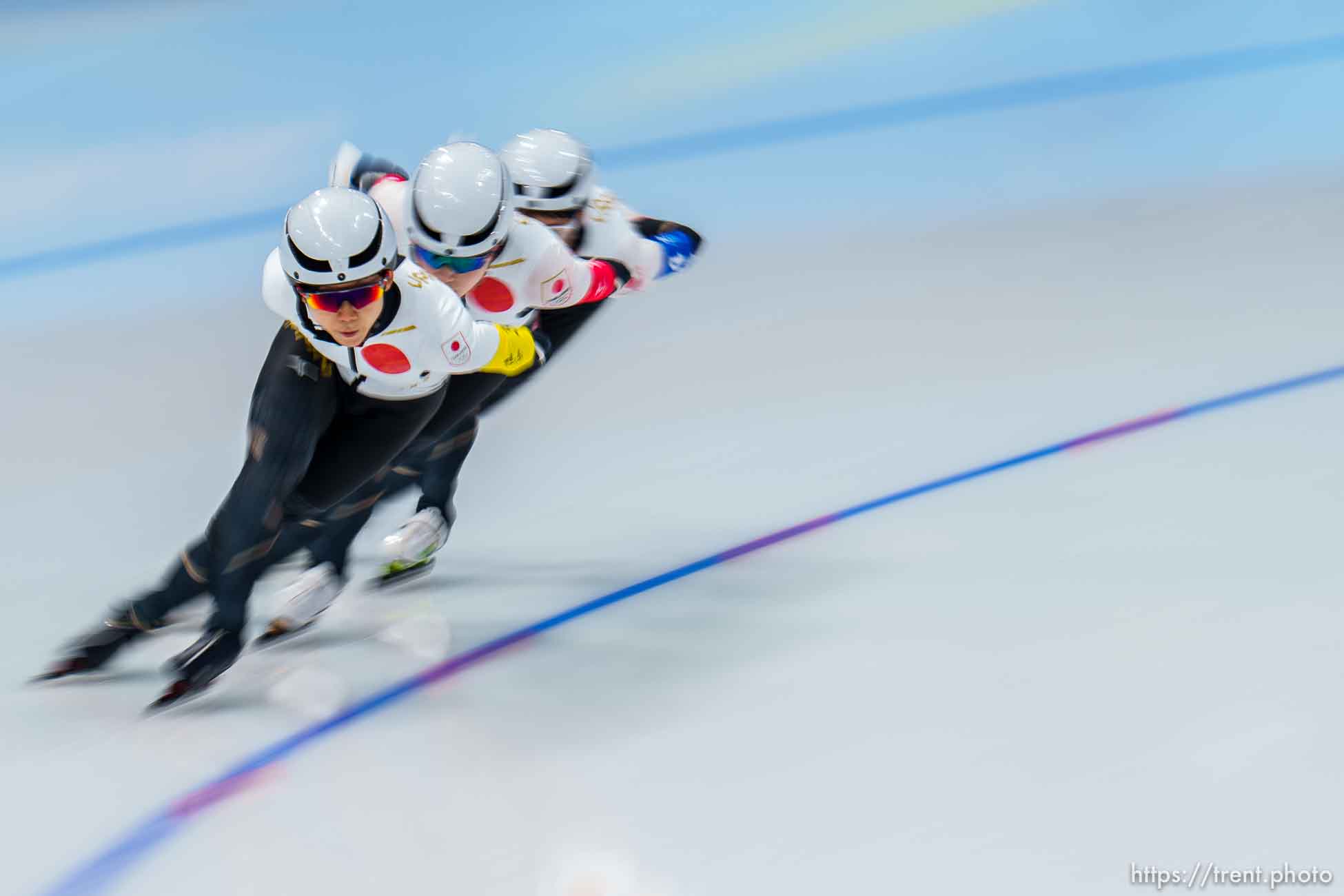 (Trent Nelson  |  The Salt Lake Tribune) Japan, semifinals in team pursuit at the 2022 Winter Olympics in Beijing on Tuesday, Feb. 15, 2022. 1 - Misaki Oshigiri, 2 - Ayano Sato, 3 - Miho Takagi.