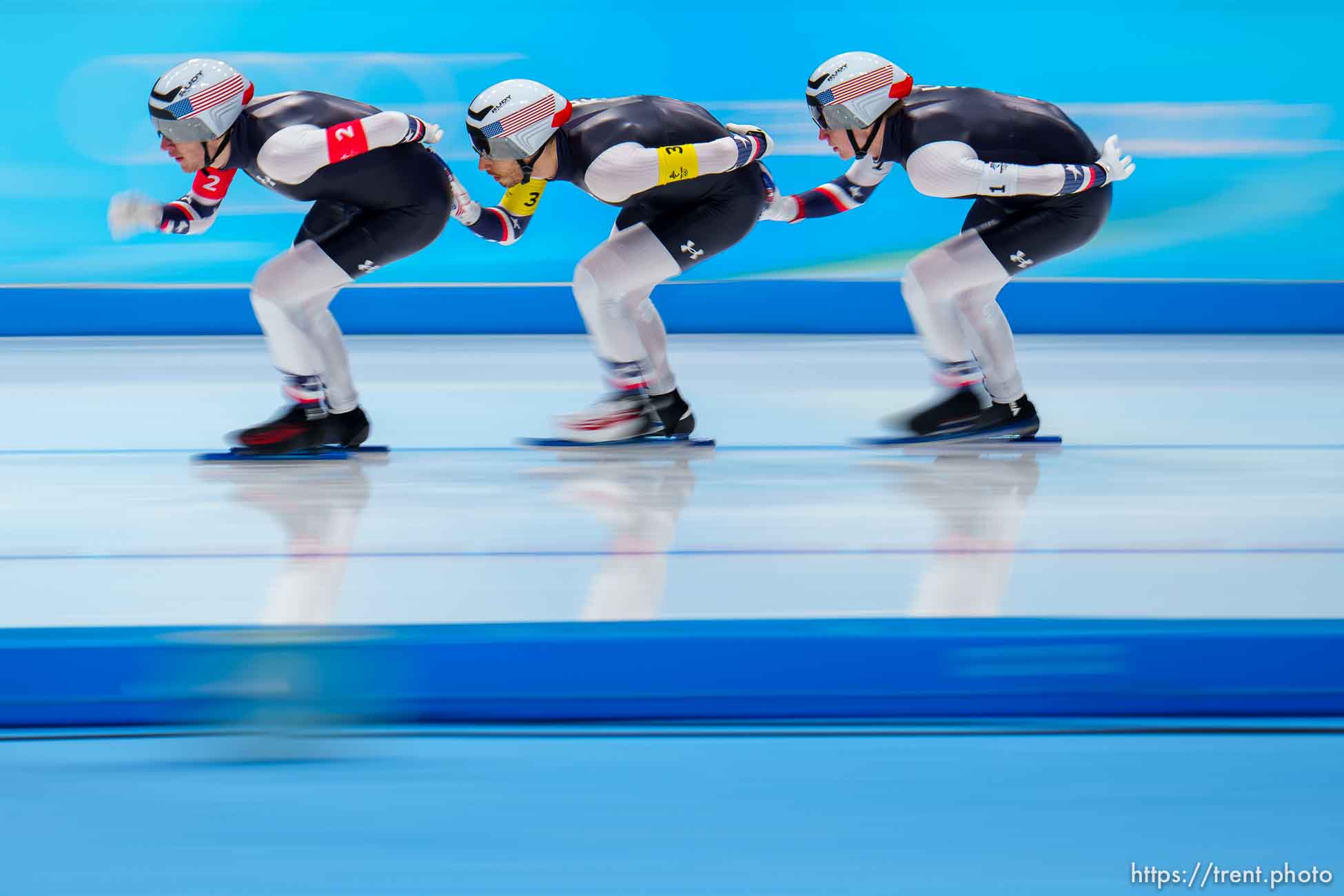 (Trent Nelson  |  The Salt Lake Tribune) Ethan Cepuran (1), Casey Dawson (2), and Emery Lehman (3) compete in the semifinals for team pursuit, speed skating at the 2022 Winter Olympics in Beijing on Tuesday, Feb. 15, 2022.