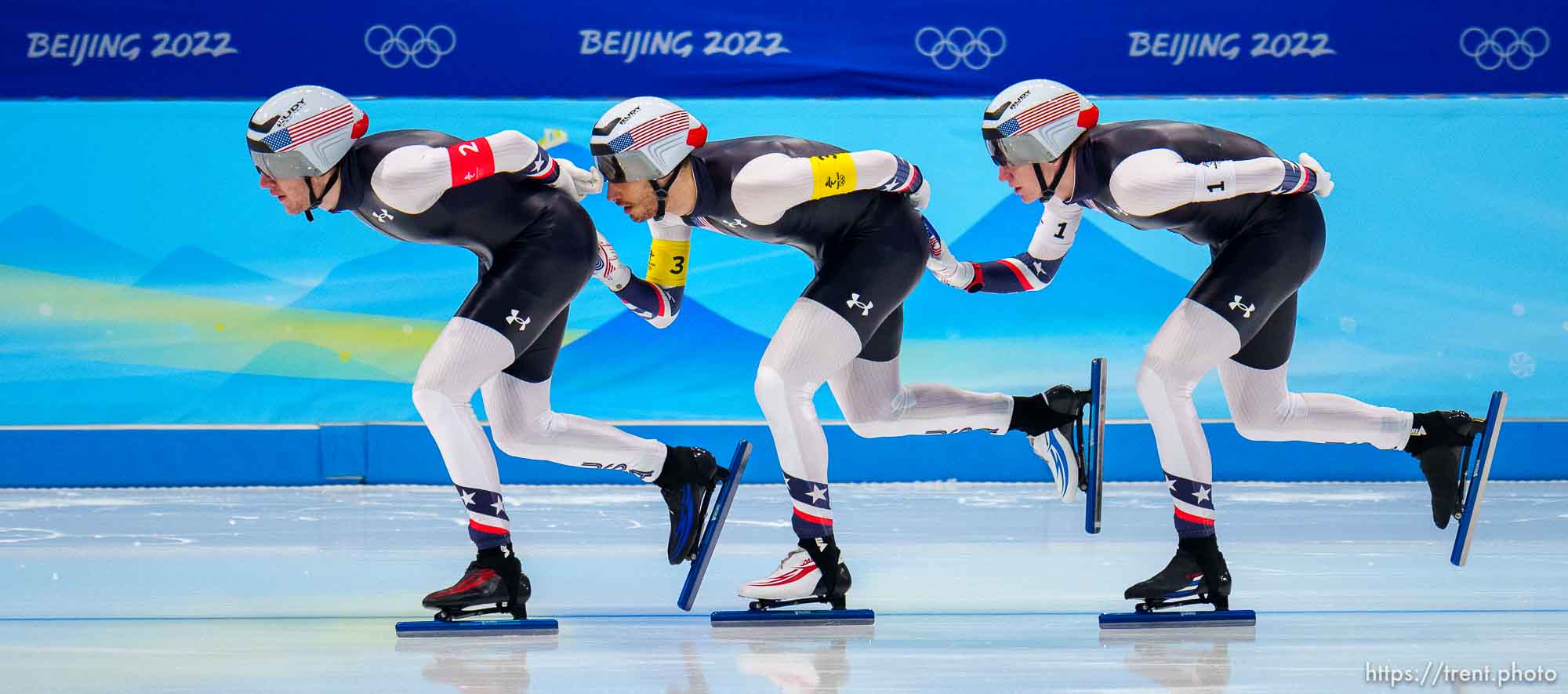 (Trent Nelson  |  The Salt Lake Tribune) Ethan Cepuran (1), Casey Dawson (2), and Emery Lehman (3) compete in the semifinals for team pursuit, speed skating at the 2022 Winter Olympics in Beijing on Tuesday, Feb. 15, 2022.