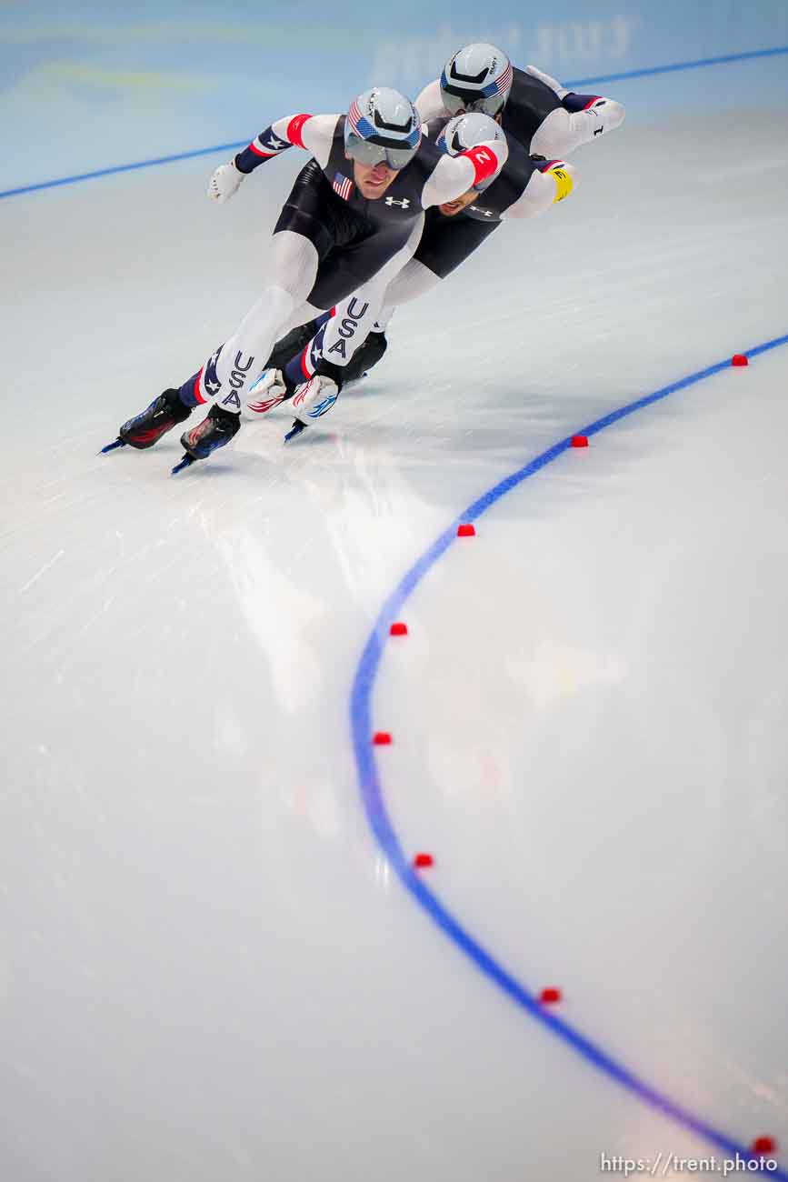 (Trent Nelson  |  The Salt Lake Tribune) Ethan Cepuran (1), Casey Dawson (2), and Emery Lehman (3) compete in the semifinals for team pursuit, speed skating at the 2022 Winter Olympics in Beijing on Tuesday, Feb. 15, 2022.