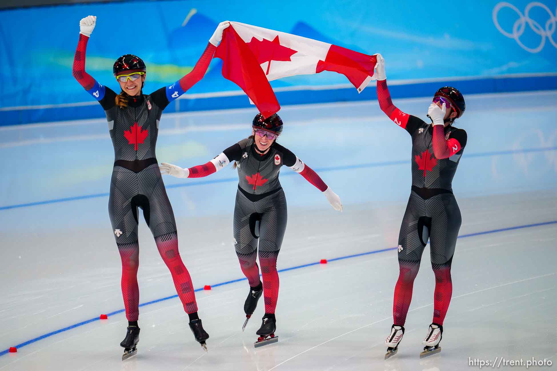 (Trent Nelson  |  The Salt Lake Tribune) Canada celebrates the gold medal in women's team pursuit, speed skating at the 2022 Winter Olympics in Beijing on Tuesday, Feb. 15, 2022.