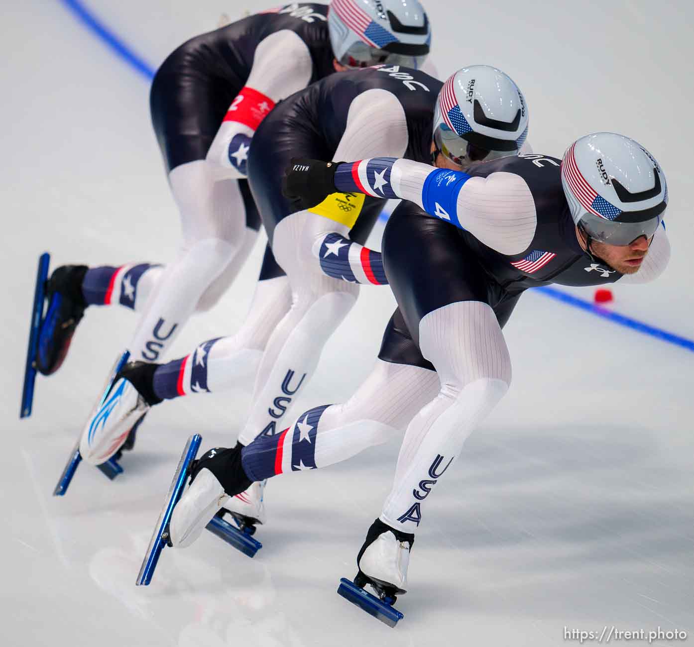 (Trent Nelson  |  The Salt Lake Tribune) Joey Mantia leads Team USA to the bronze medal in men's team pursuit, speed skating at the 2022 Winter Olympics in Beijing on Tuesday, Feb. 15, 2022.