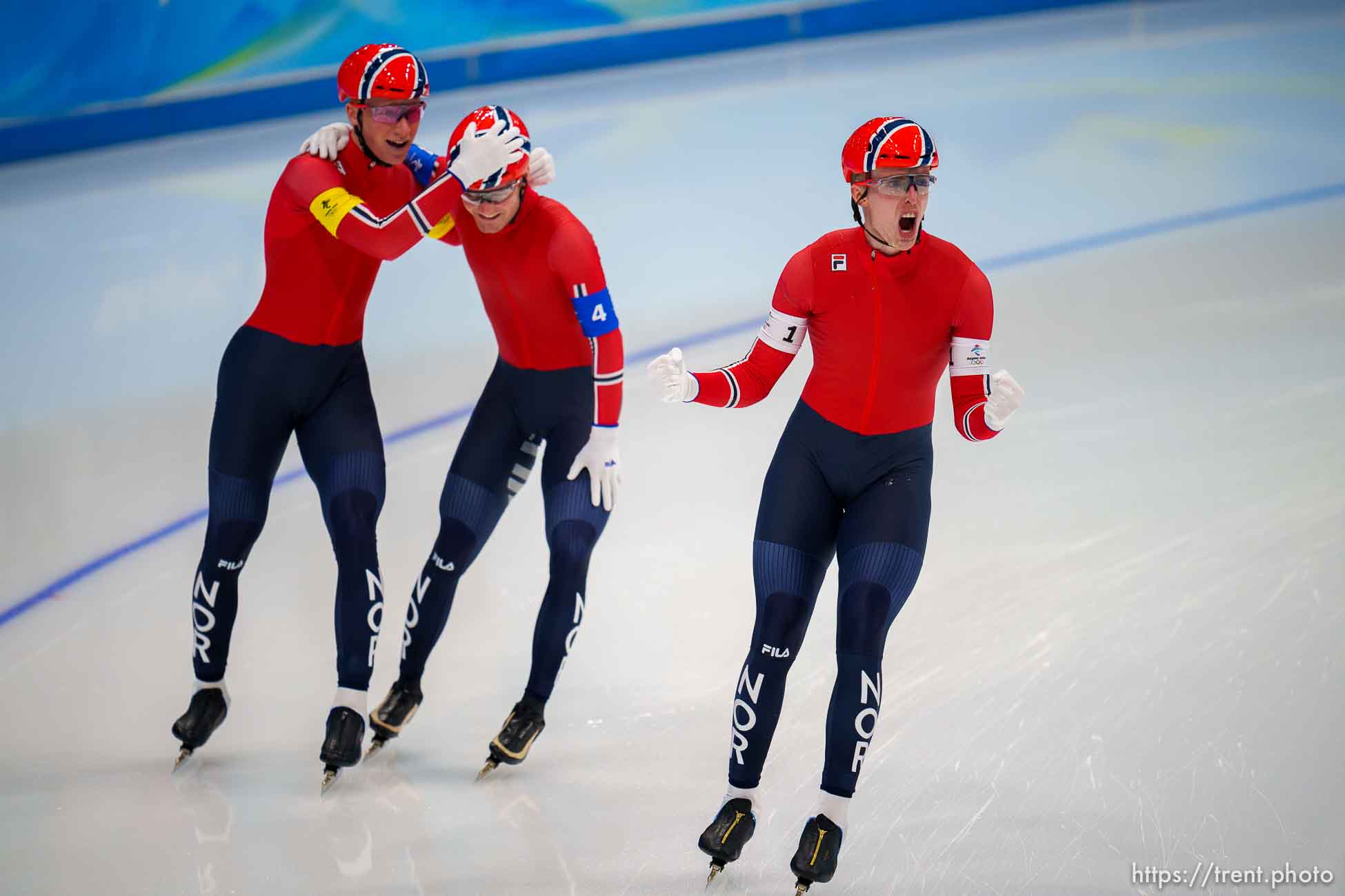 (Trent Nelson  |  The Salt Lake Tribune) Norway wins the gold medal in men's team pursuit, speed skating at the 2022 Winter Olympics in Beijing on Tuesday, Feb. 15, 2022.