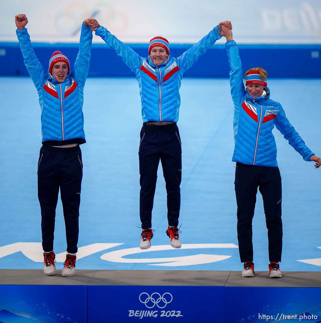 (Trent Nelson  |  The Salt Lake Tribune) Norway wins the gold medal in men's team pursuit, speed skating at the 2022 Winter Olympics in Beijing on Tuesday, Feb. 15, 2022.