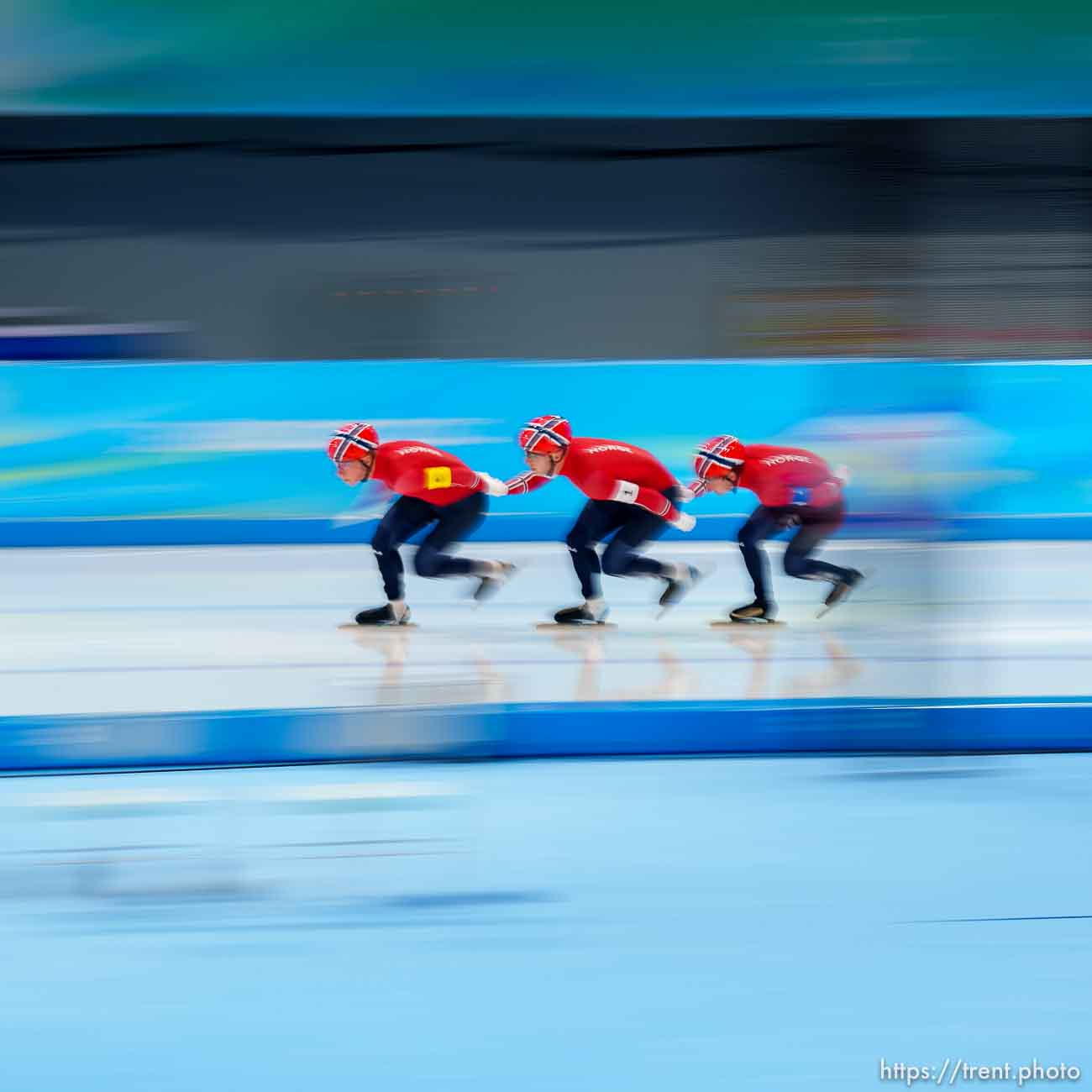 (Trent Nelson  |  The Salt Lake Tribune) Norway, team pursuit, speed skating at the 2022 Winter Olympics in Beijing on Tuesday, Feb. 15, 2022.