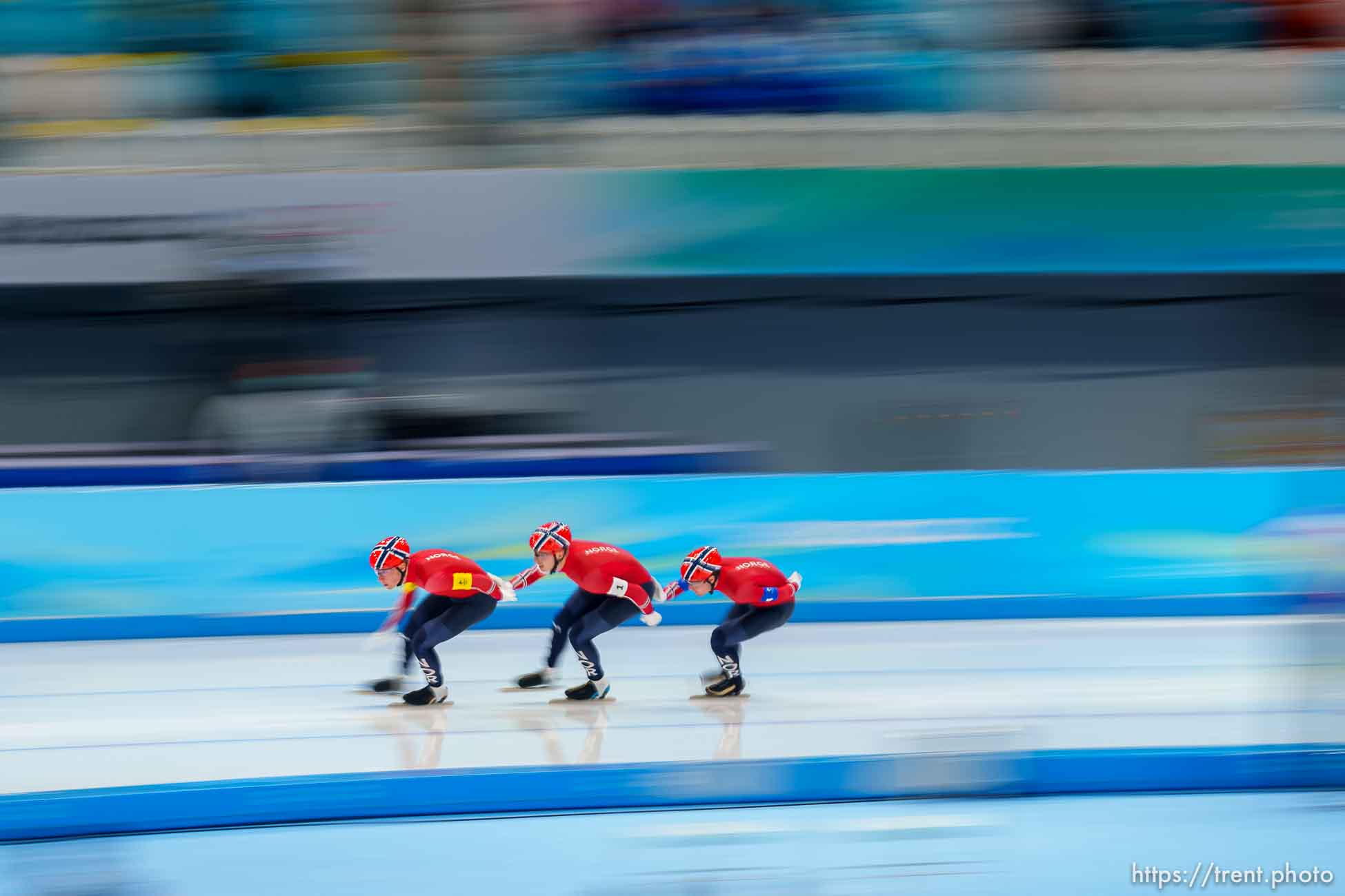 (Trent Nelson  |  The Salt Lake Tribune) Norway, team pursuit, speed skating at the 2022 Winter Olympics in Beijing on Tuesday, Feb. 15, 2022.