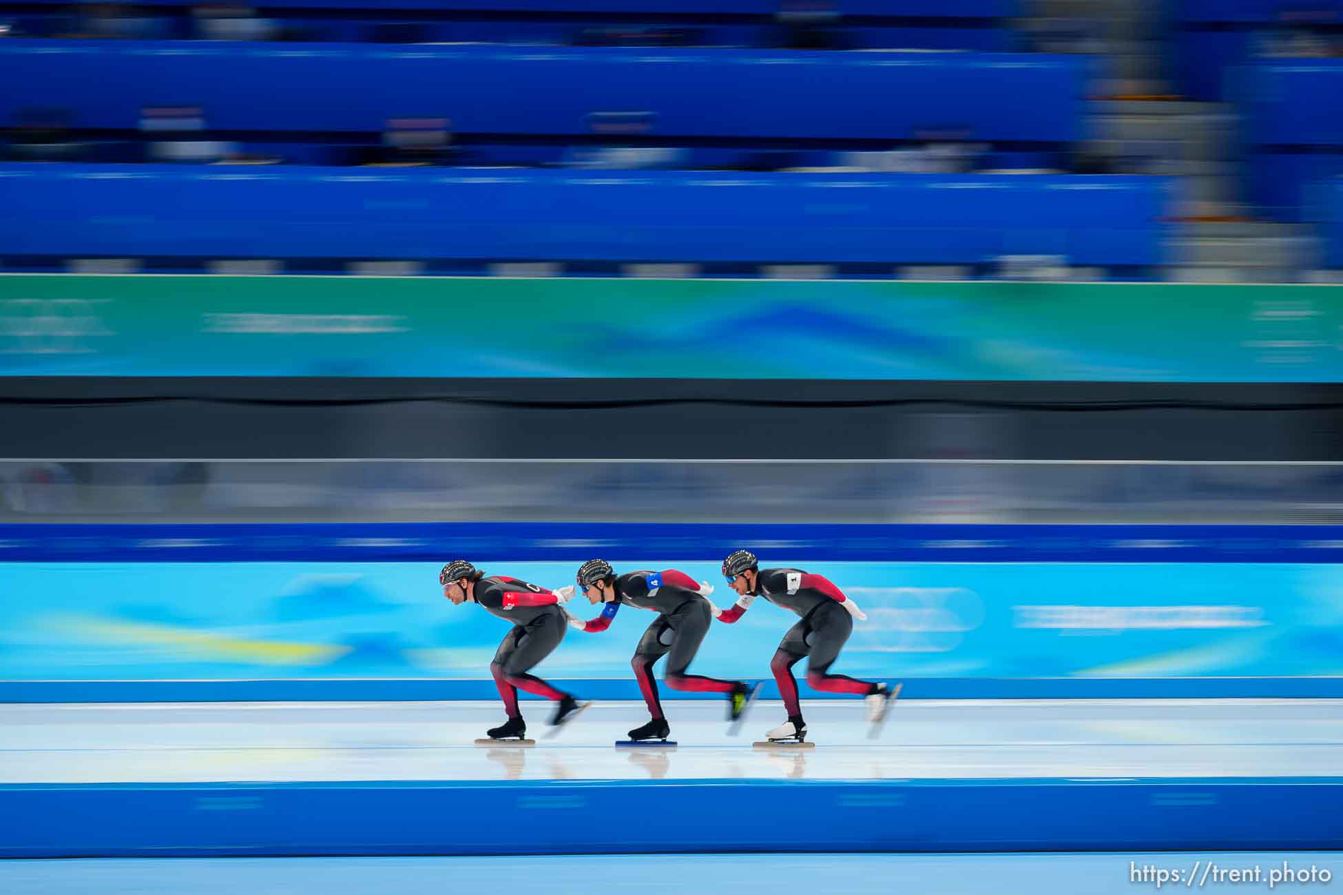 (Trent Nelson  |  The Salt Lake Tribune) Canada in the semifinals for team pursuit, speed skating at the 2022 Winter Olympics in Beijing on Tuesday, Feb. 15, 2022.