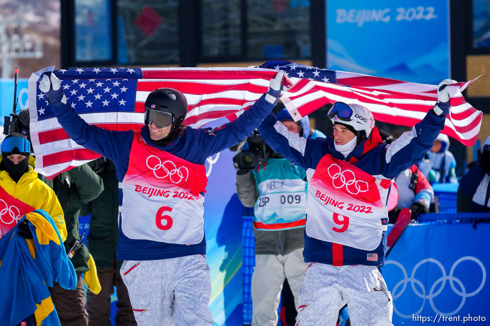 (Trent Nelson  |  The Salt Lake Tribune) Alexander Hall and Nicholas Goepper celebrate their gold and silver medal wins in freeski slopestyle finals at the 2022 Beijing Winter Olympics in Zhangjiakou on Wednesday, Feb. 16, 2022.