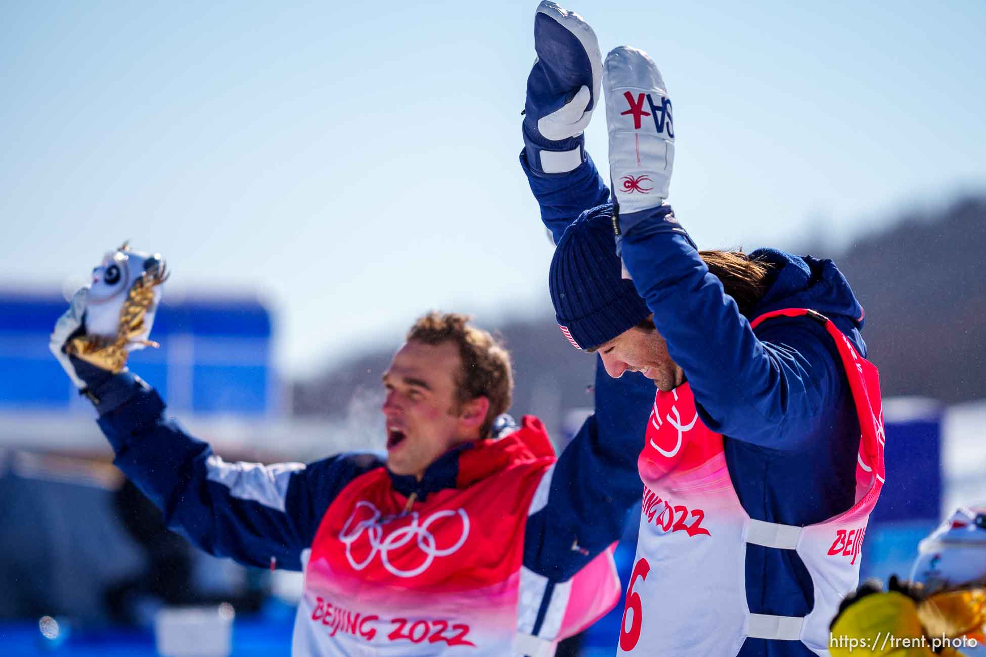 (Trent Nelson  |  The Salt Lake Tribune) Alexander Hall, center, and Nicholas Goepper, left, celebrate their gold and silver medal wins in freeski slopestyle finals at the 2022 Beijing Winter Olympics in Zhangjiakou on Wednesday, Feb. 16, 2022.