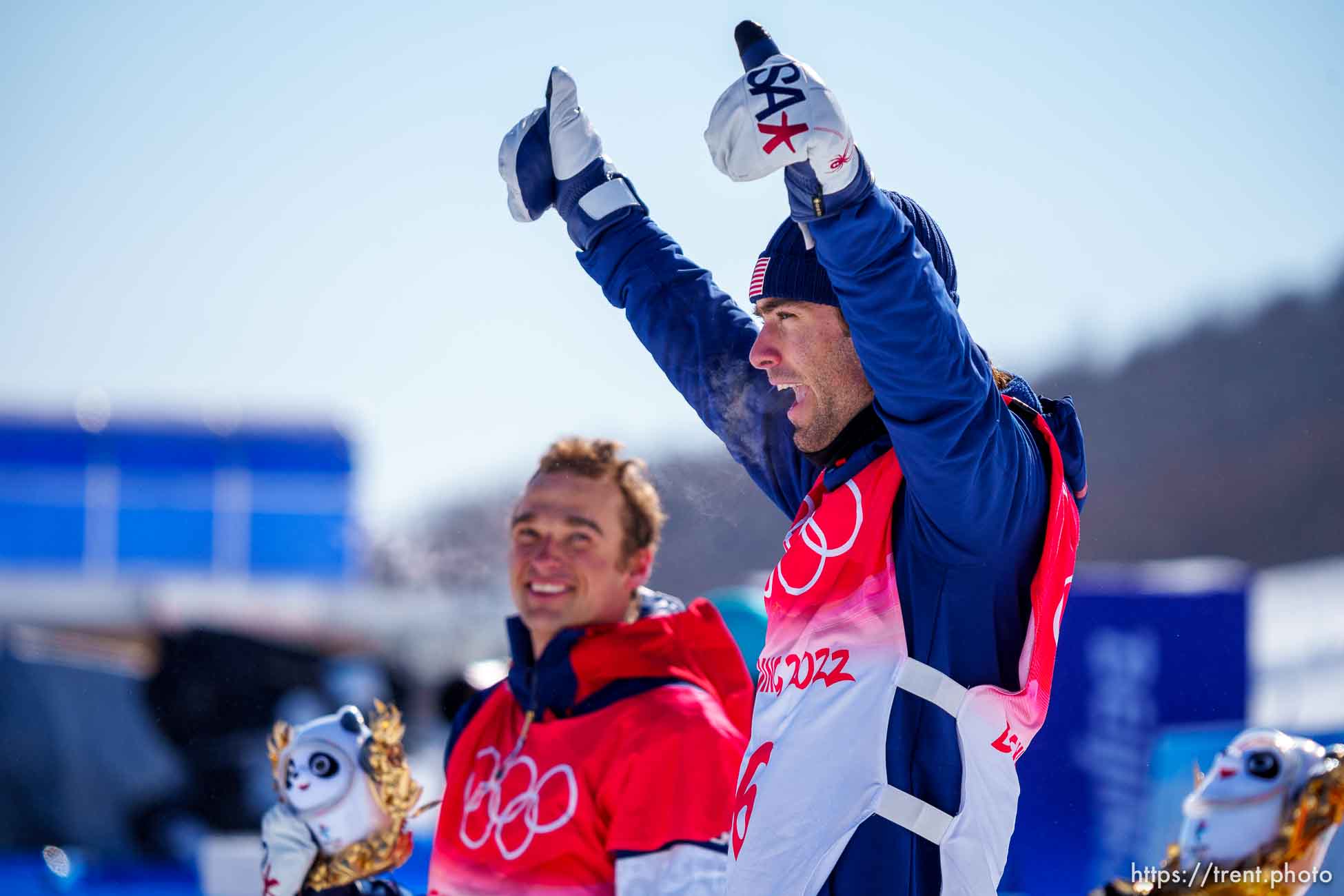 (Trent Nelson  |  The Salt Lake Tribune) Alexander Hall, right, and Nicholas Goepper, left, celebrate their gold and silver medal wins in freeski slopestyle finals at the 2022 Beijing Winter Olympics in Zhangjiakou on Wednesday, Feb. 16, 2022.