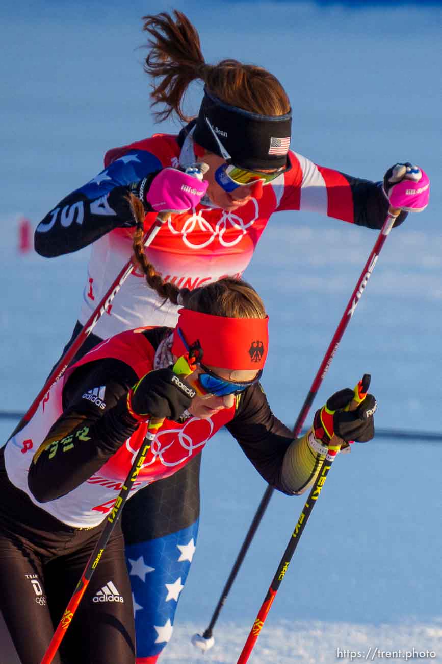 (Trent Nelson  |  The Salt Lake Tribune) Rosie Brennan (USA), rear, in the women's team sprint classic, cross-country skiing at the 2022 Beijing Winter Olympics in Zhangjiakou on Wednesday, Feb. 16, 2022. At front is Katharina Hennig (Germany).