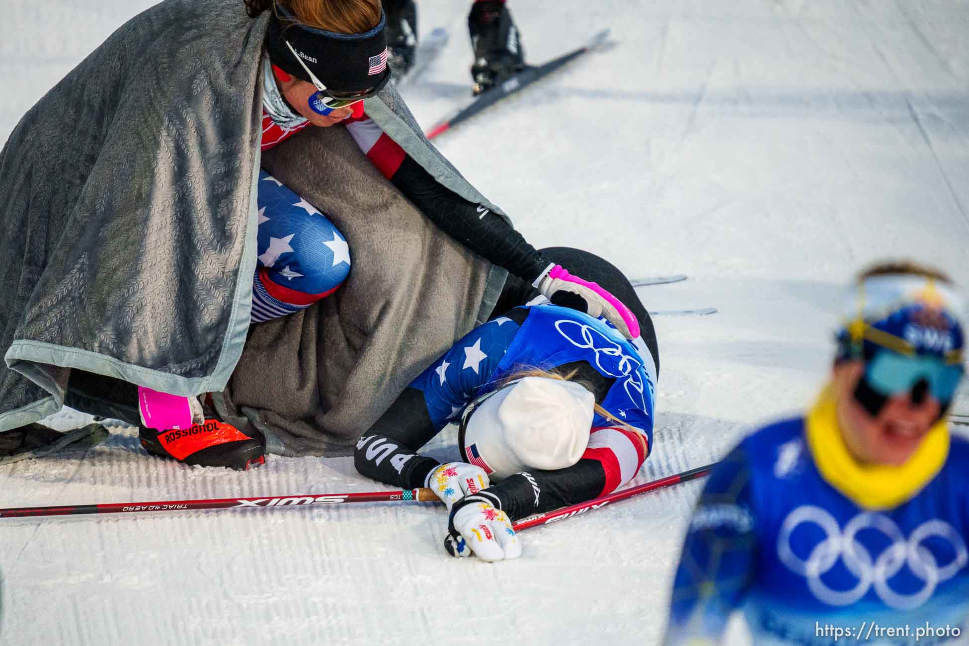 (Trent Nelson  |  The Salt Lake Tribune) Rosie Brennan and Jessie Diggins (USA) at the finish line of the women's team sprint classic, cross-country skiing at the 2022 Beijing Winter Olympics in Zhangjiakou on Wednesday, Feb. 16, 2022.