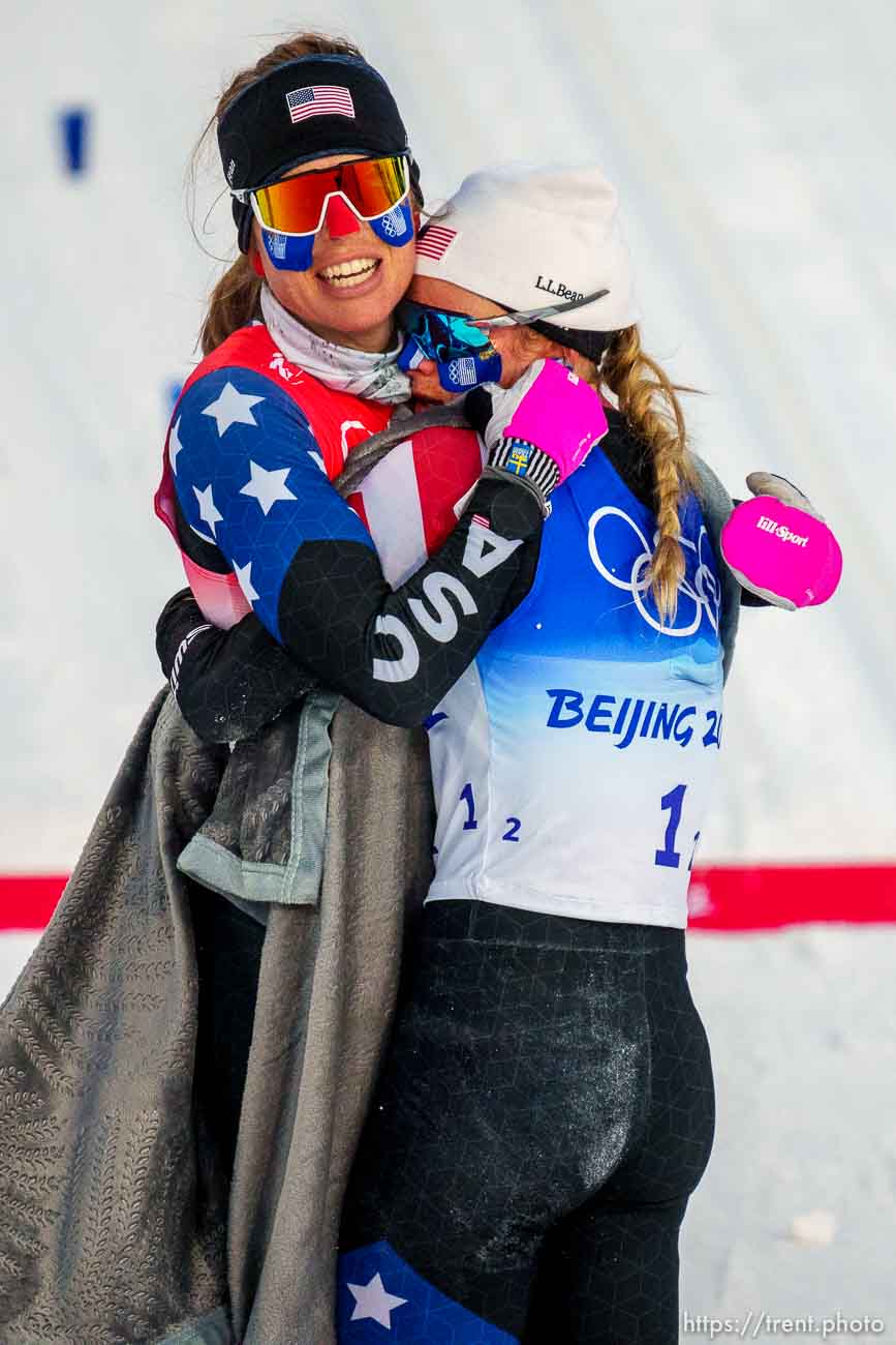 (Trent Nelson  |  The Salt Lake Tribune) Rosie Brennan and Jessie Diggins (USA) at the finish line of the women's team sprint classic, cross-country skiing at the 2022 Beijing Winter Olympics in Zhangjiakou on Wednesday, Feb. 16, 2022.