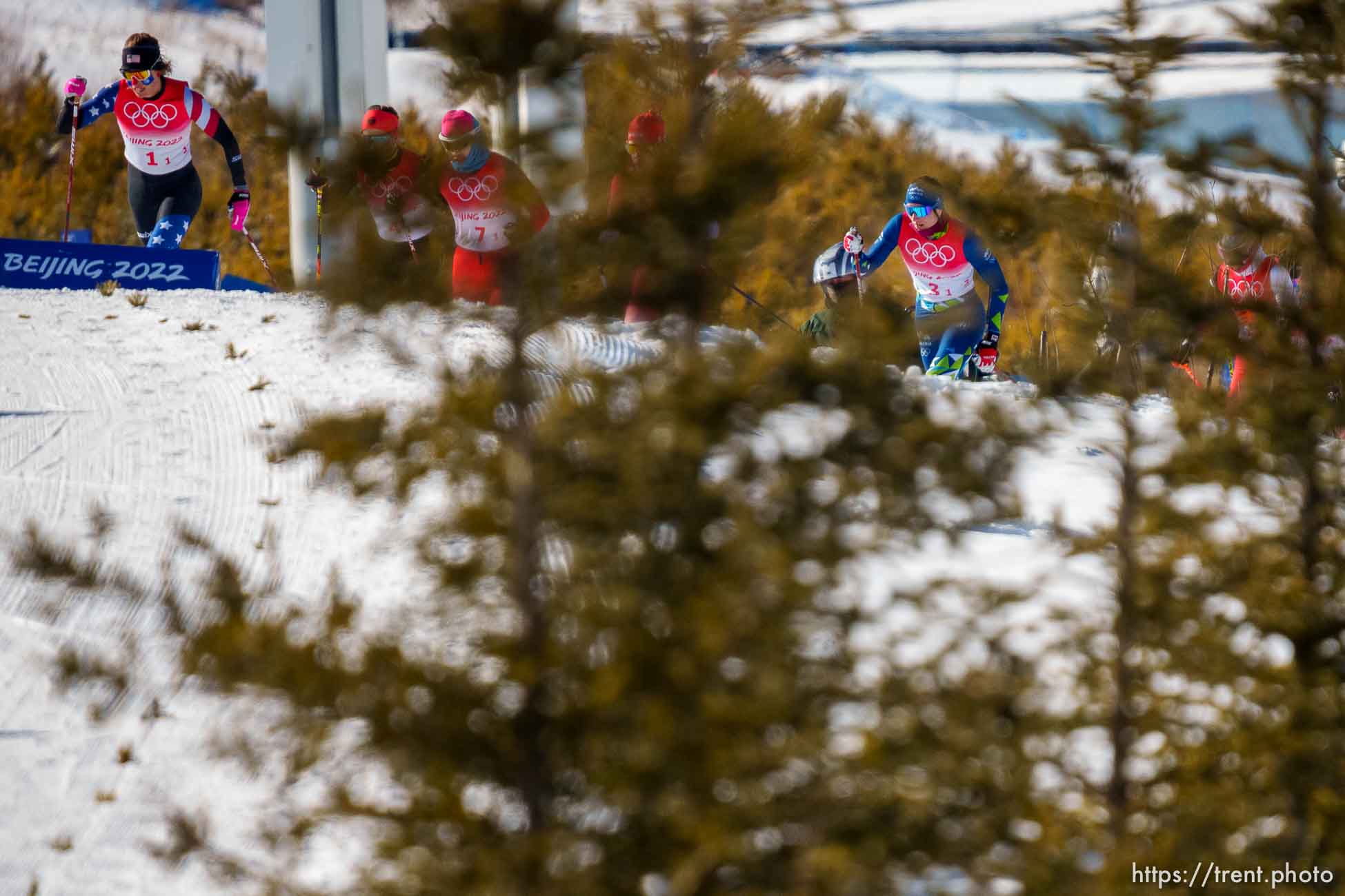 (Trent Nelson  |  The Salt Lake Tribune) Rosie Brennan (USA) leads the women's team sprint classic, cross-country skiing at the 2022 Beijing Winter Olympics in Zhangjiakou on Wednesday, Feb. 16, 2022.