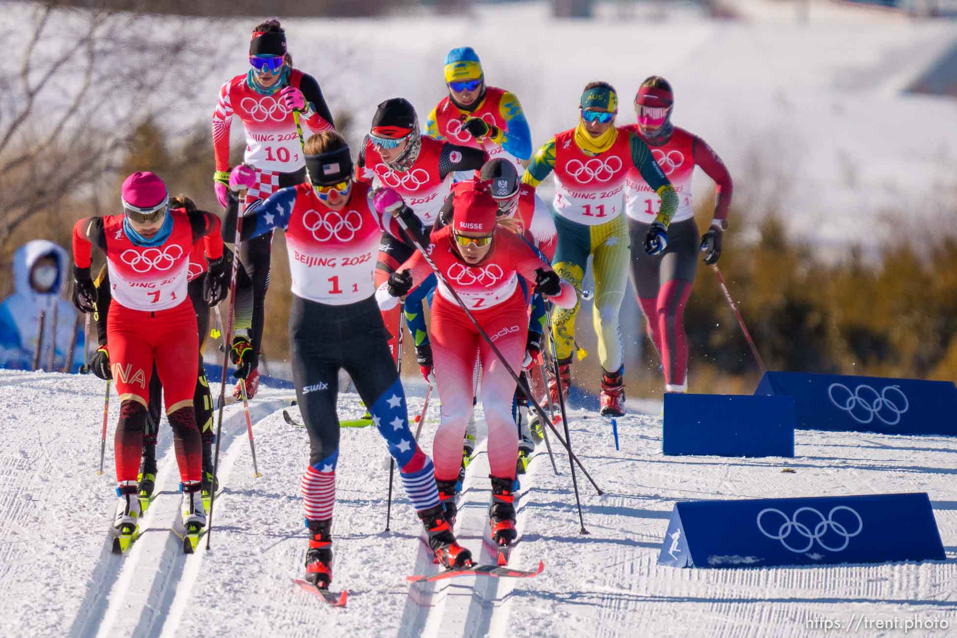 (Trent Nelson  |  The Salt Lake Tribune) Rosie Brennan (USA) leads the women's team sprint classic, cross-country skiing at the 2022 Beijing Winter Olympics in Zhangjiakou on Wednesday, Feb. 16, 2022.