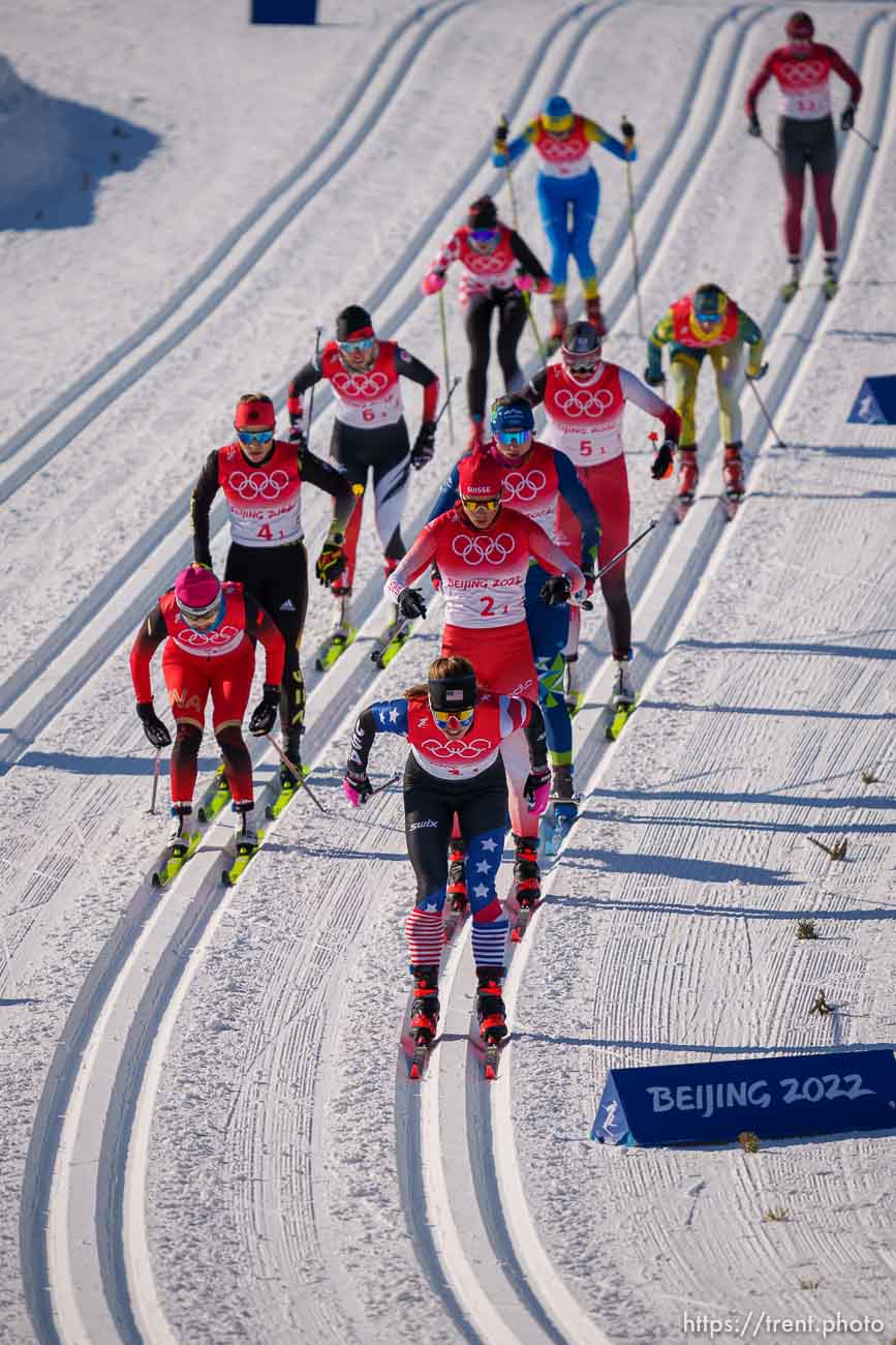 (Trent Nelson  |  The Salt Lake Tribune) Rosie Brennan (USA) leads the women's team sprint classic, cross-country skiing at the 2022 Beijing Winter Olympics in Zhangjiakou on Wednesday, Feb. 16, 2022.