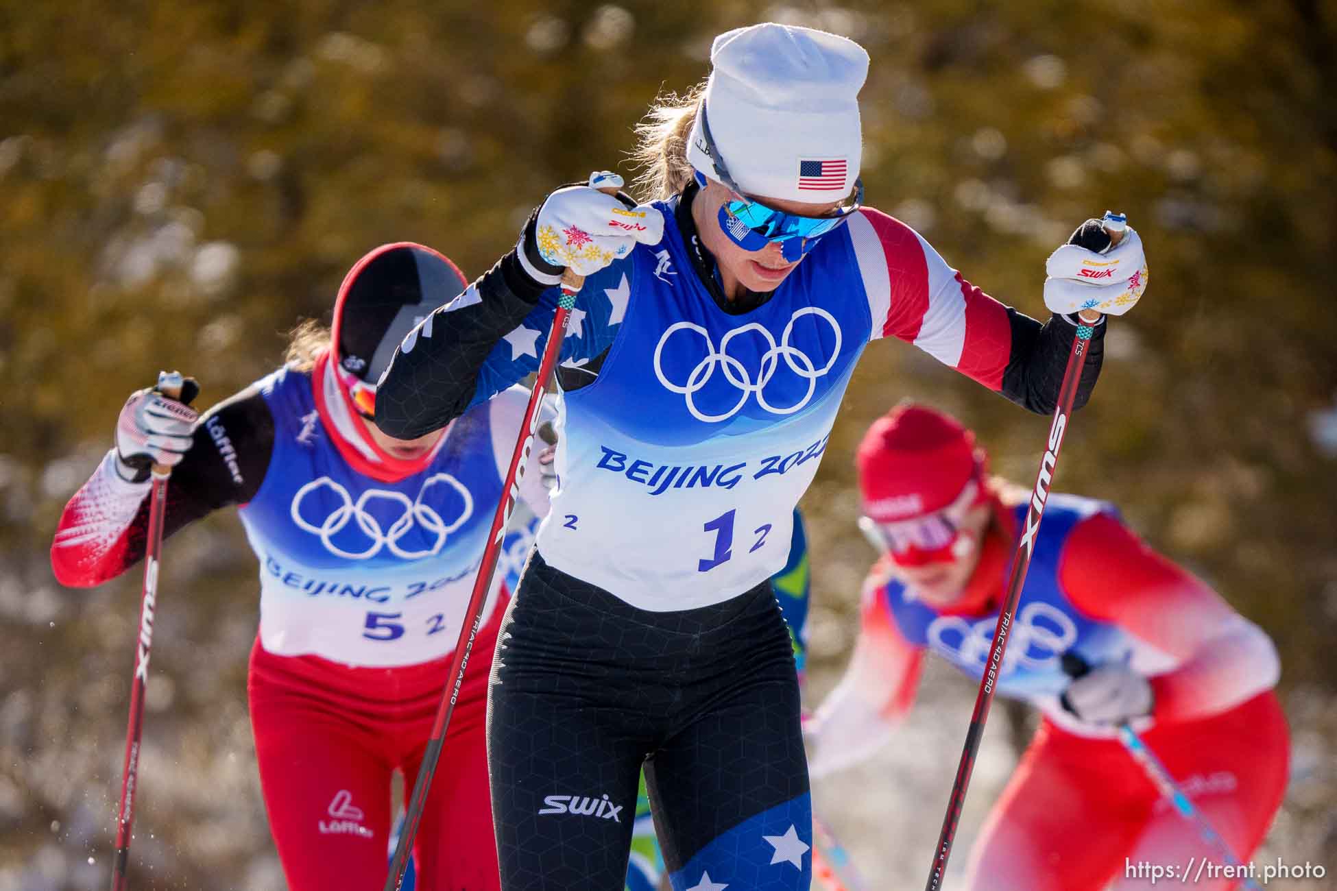 (Trent Nelson  |  The Salt Lake Tribune) Jessie Diggins (USA) in the women's team sprint classic, cross-country skiing at the 2022 Beijing Winter Olympics in Zhangjiakou on Wednesday, Feb. 16, 2022.