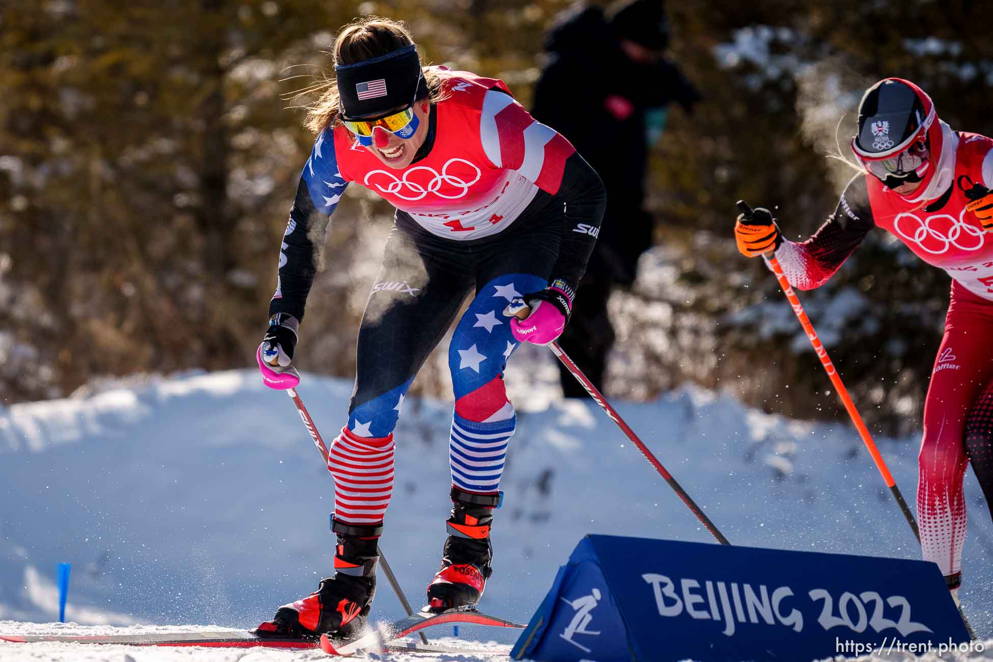 (Trent Nelson  |  The Salt Lake Tribune) Rosie Brennan (USA) leads the women's team sprint classic, cross-country skiing at the 2022 Beijing Winter Olympics in Zhangjiakou on Wednesday, Feb. 16, 2022.