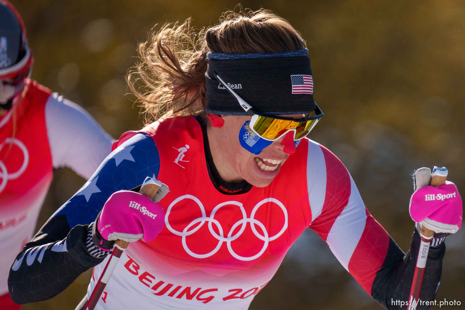 (Trent Nelson  |  The Salt Lake Tribune) Rosie Brennan (USA) leads the women's team sprint classic, cross-country skiing at the 2022 Beijing Winter Olympics in Zhangjiakou on Wednesday, Feb. 16, 2022.