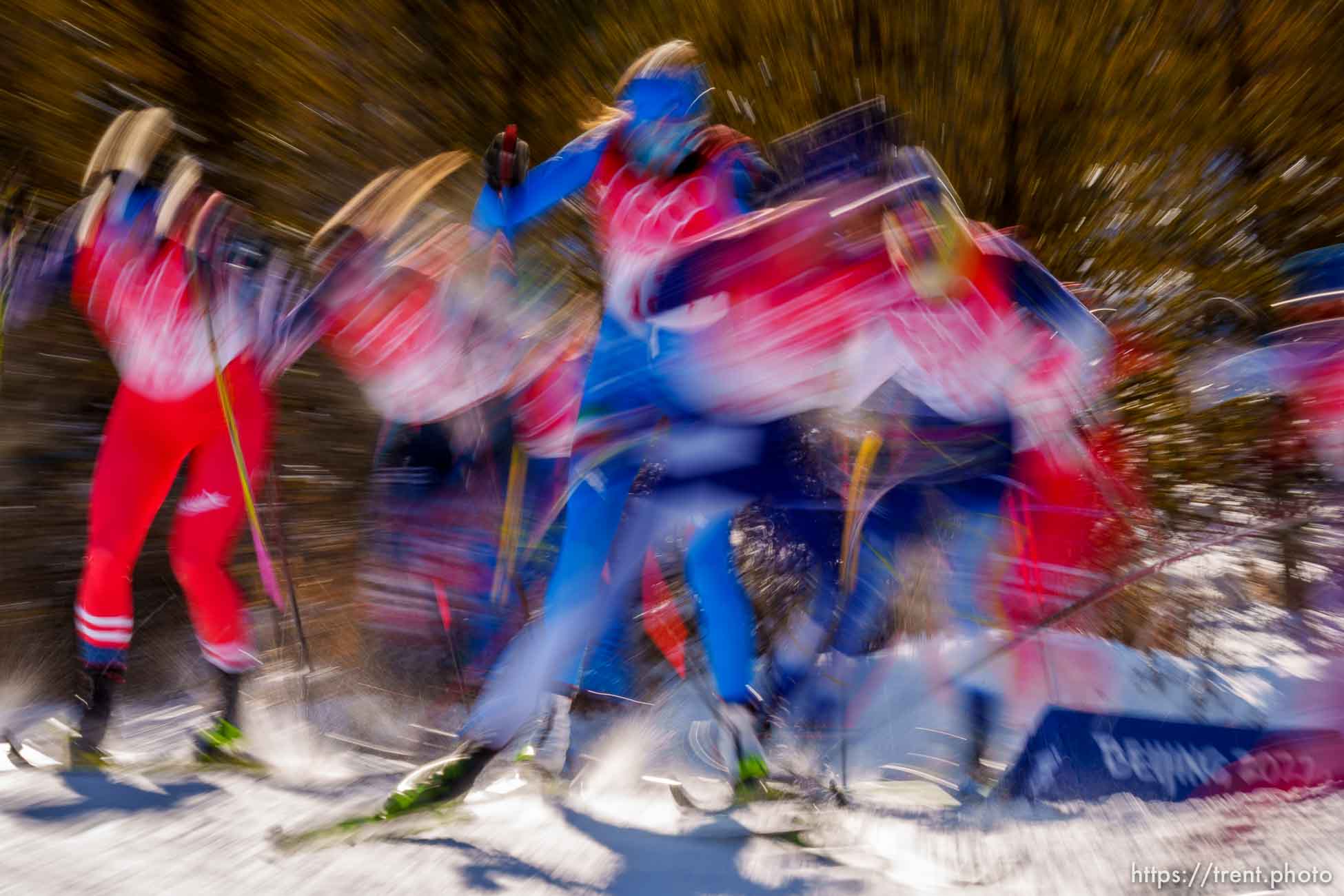 (Trent Nelson  |  The Salt Lake Tribune) Skiers in the women's team sprint classic, cross-country skiing at the 2022 Beijing Winter Olympics in Zhangjiakou on Wednesday, Feb. 16, 2022.