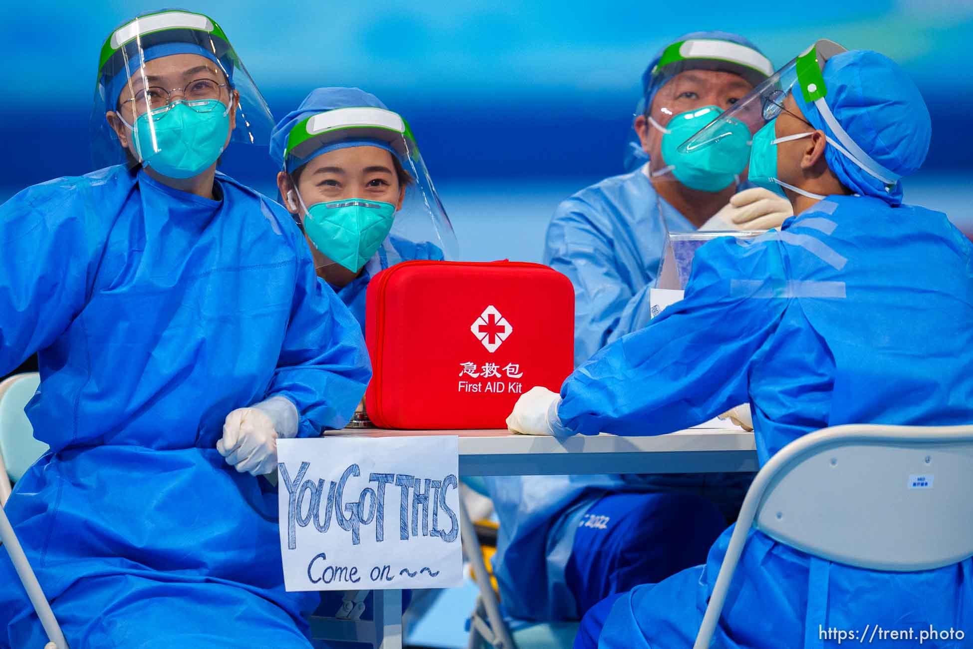 (Trent Nelson  |  The Salt Lake Tribune) Medical staff at the women's 1000m, speed skating at the 2022 Winter Olympics in Beijing on Thursday, Feb. 17, 2022.