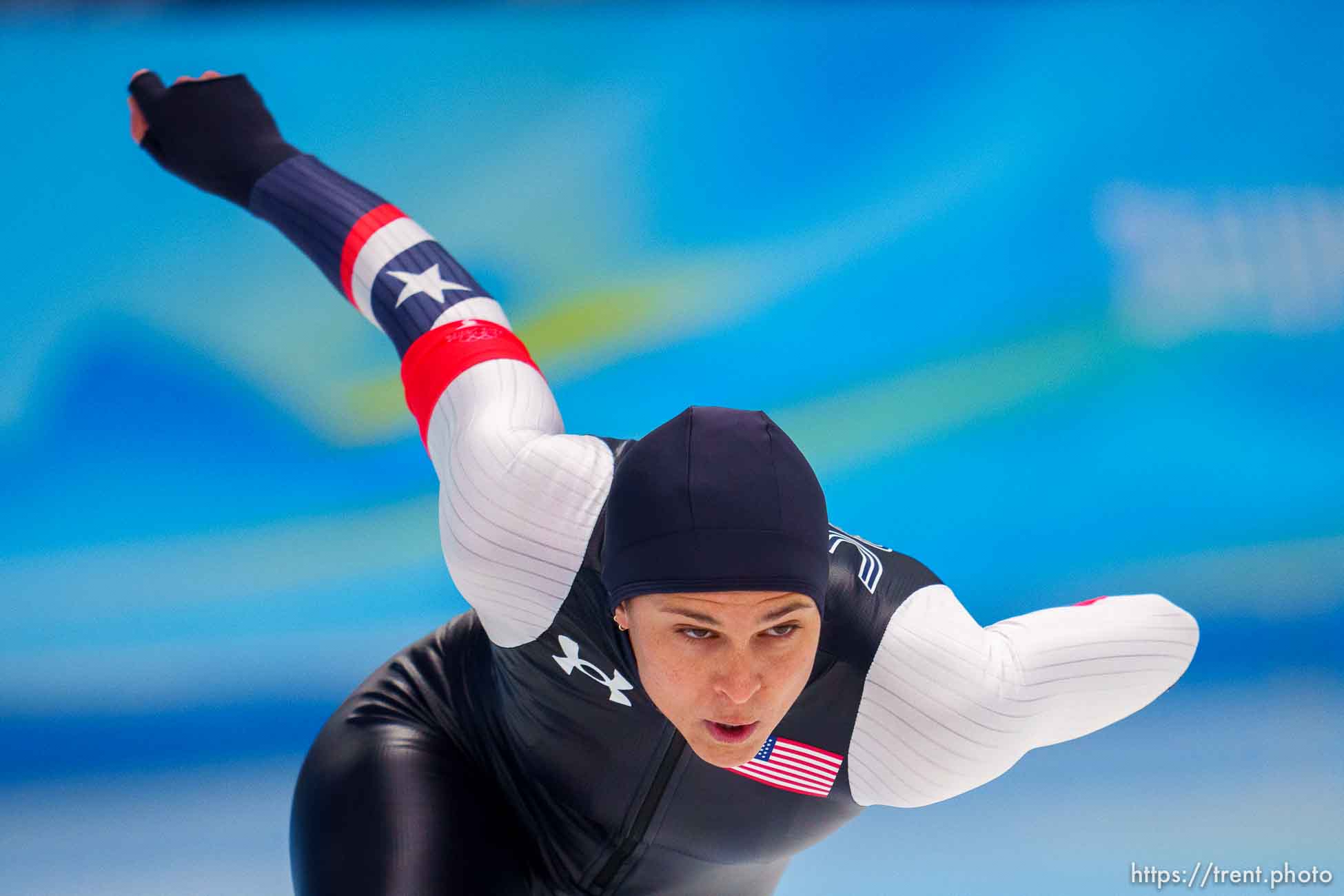 (Trent Nelson  |  The Salt Lake Tribune) Bronze medalist Brittany Bowe (USA) in the women's 1000m, speed skating at the 2022 Winter Olympics in Beijing on Thursday, Feb. 17, 2022.