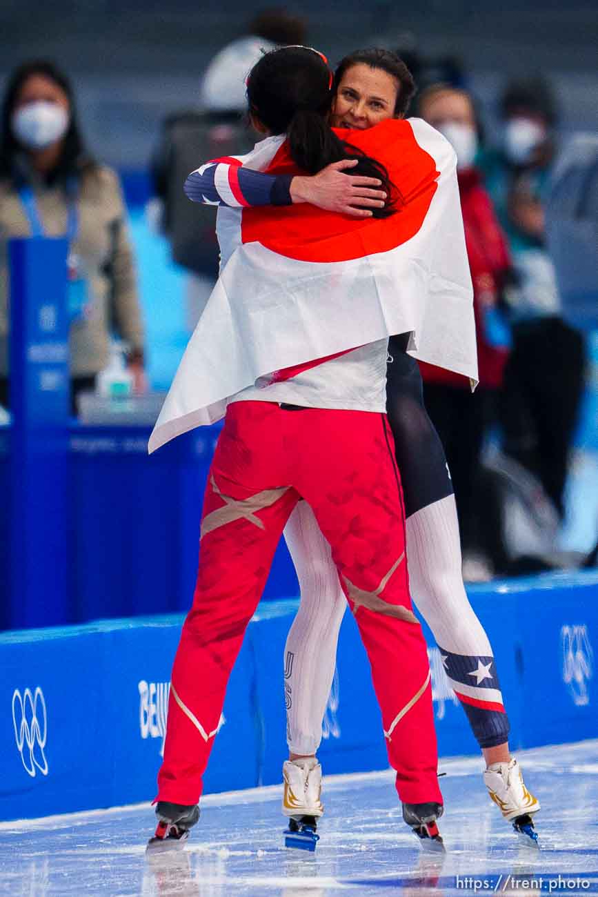 (Trent Nelson  |  The Salt Lake Tribune) Bronze medalist Brittany Bowe (USA) embraces gold medalist Miho Takagi (Japan) at the women's 1000m, speed skating at the 2022 Winter Olympics in Beijing on Thursday, Feb. 17, 2022.