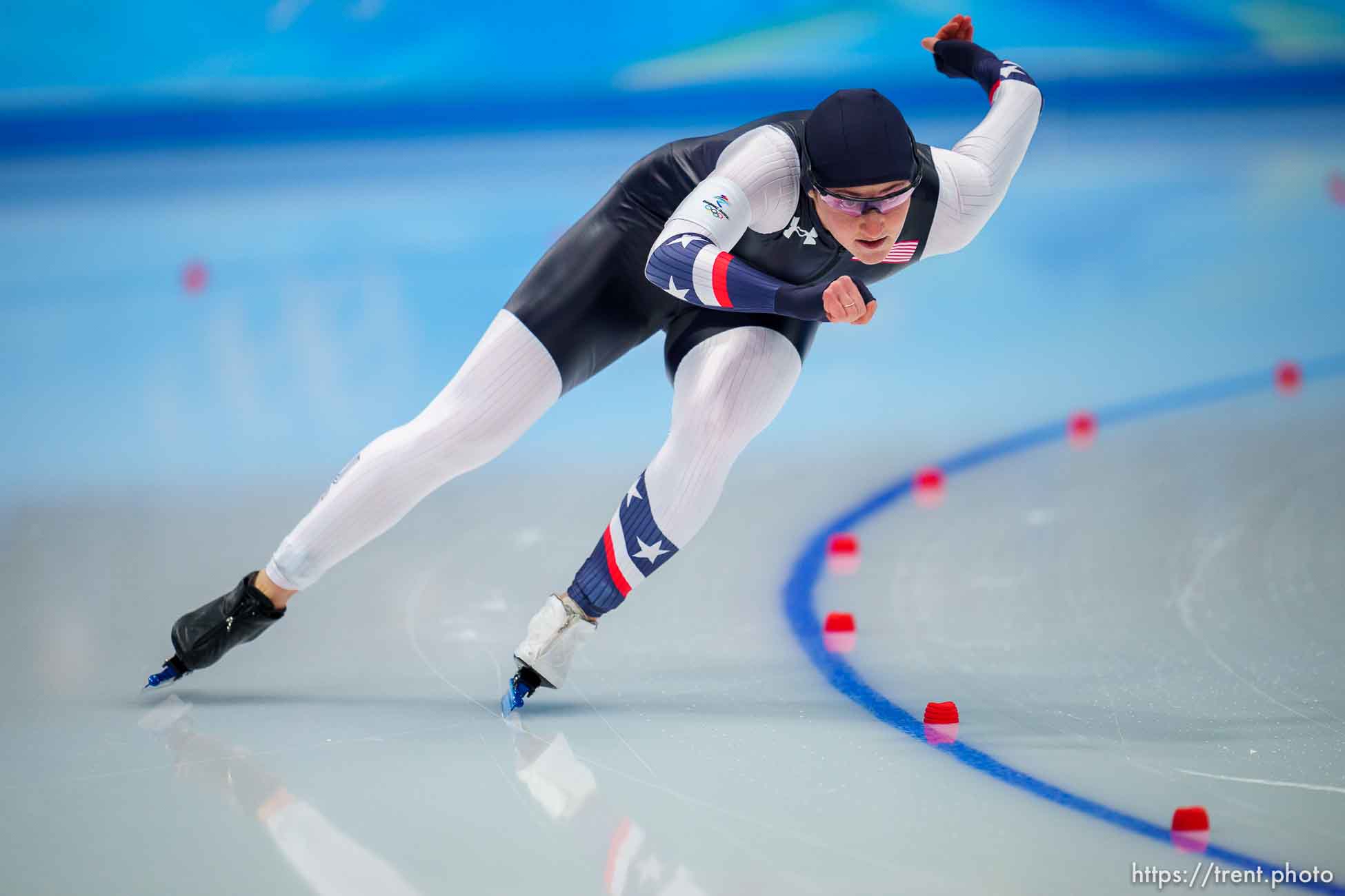 (Trent Nelson  |  The Salt Lake Tribune) Kimi Goetz (USA) in the women's 1000m, speed skating at the 2022 Winter Olympics in Beijing on Thursday, Feb. 17, 2022.