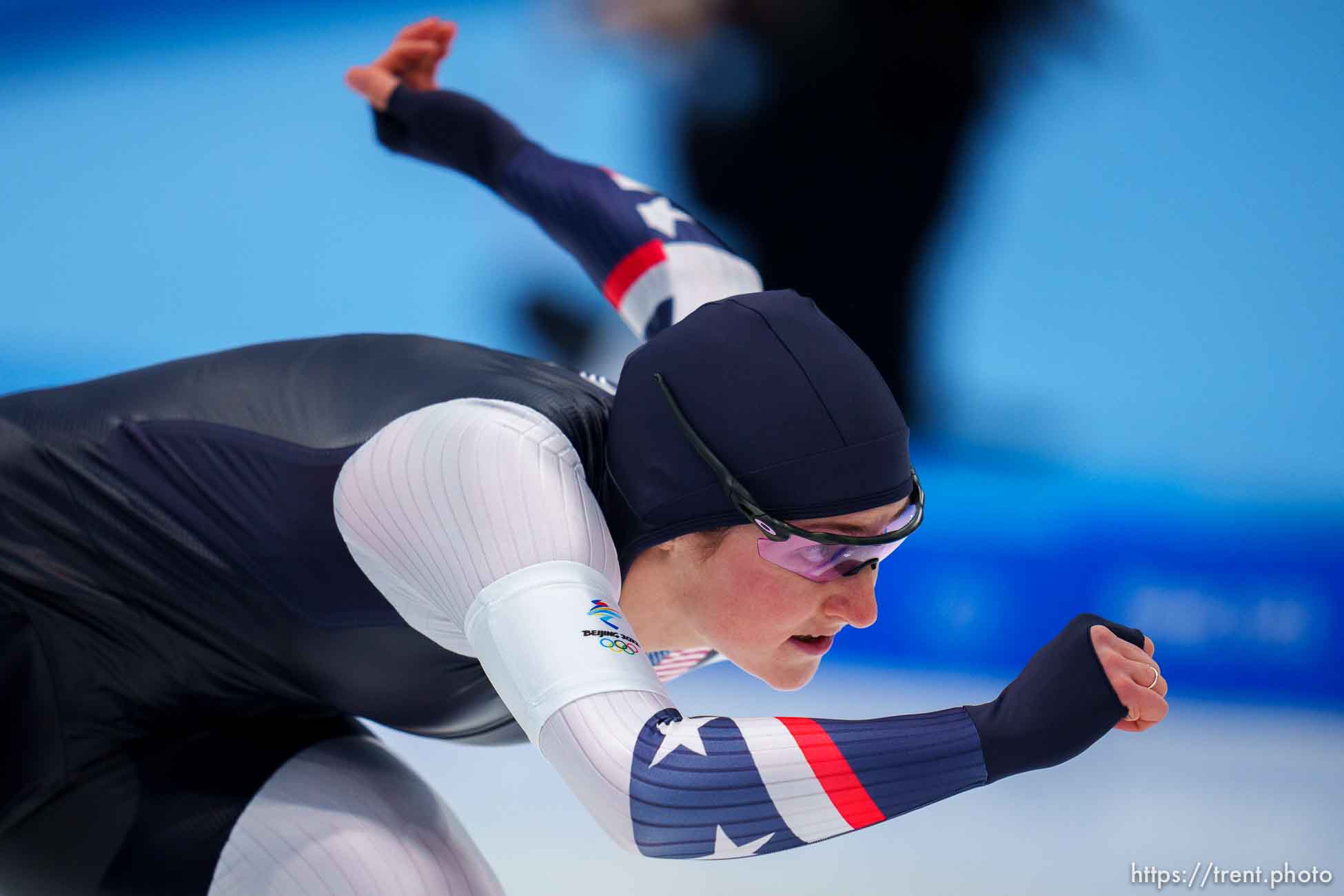 (Trent Nelson  |  The Salt Lake Tribune) Kimi Goetz (USA) in the women's 1000m, speed skating at the 2022 Winter Olympics in Beijing on Thursday, Feb. 17, 2022.