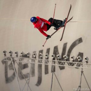 (Trent Nelson  |  The Salt Lake Tribune) Ailing Eileen Gu (China) in the women's halfpipe final at the 2022 Beijing Winter Olympics on Friday, Feb. 18, 2022.